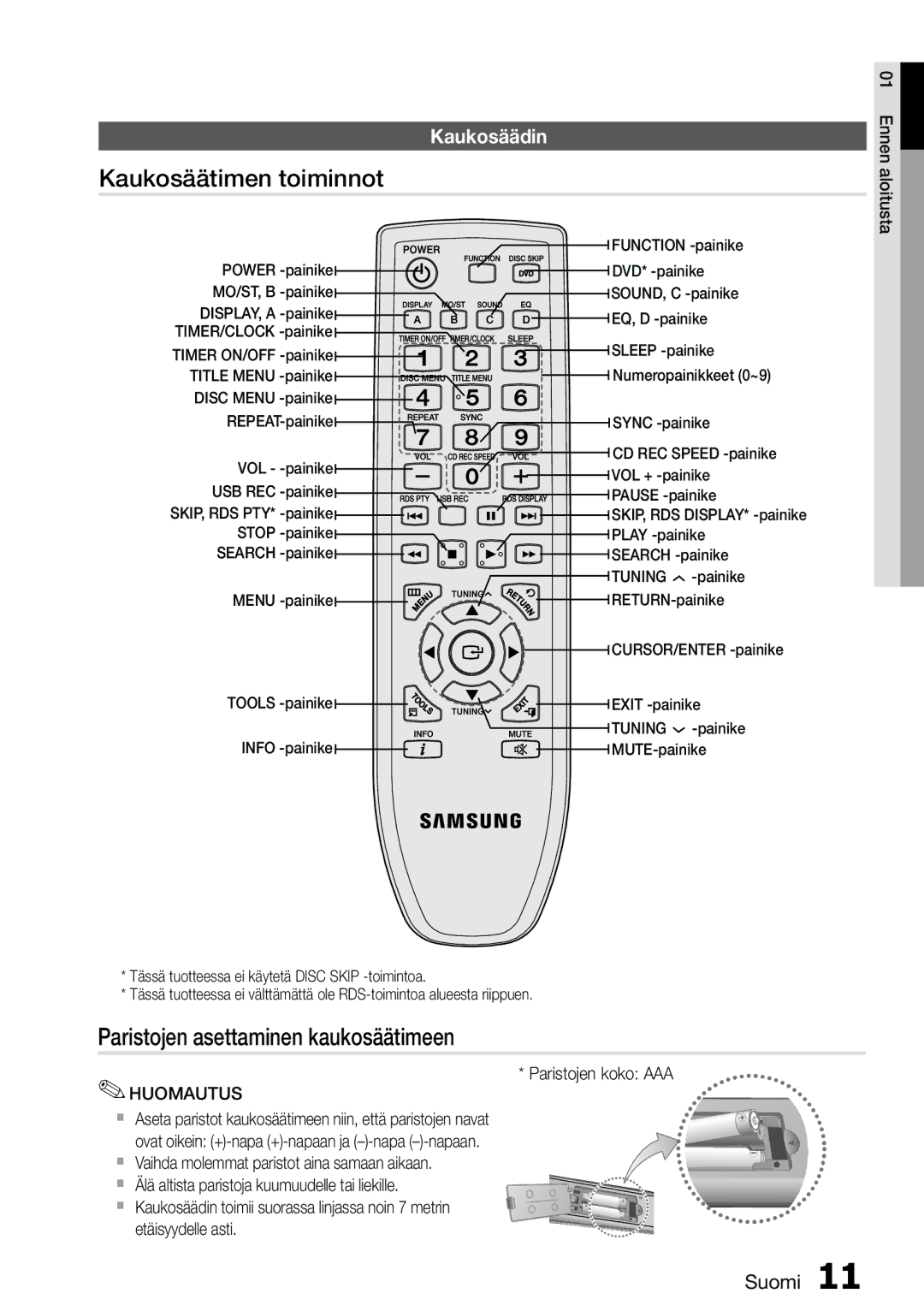 Samsung MM-D470D/XE manual Kaukosäätimen toiminnot, Paristojen asettaminen kaukosäätimeen, Kaukosäädin, Paristojen koko AAA 