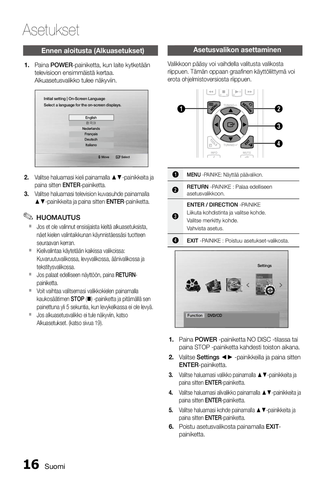 Samsung MM-D470D/XE manual Asetukset, Ennen aloitusta Alkuasetukset, Asetusvalikon asettaminen 