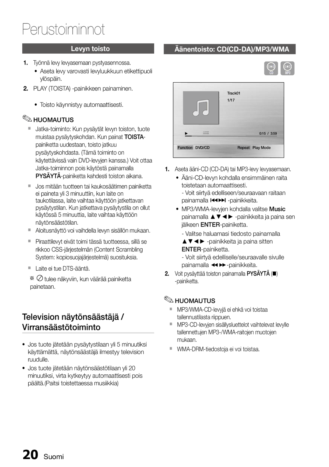 Samsung MM-D470D/XE manual Television näytönsäästäjä / Virransäästötoiminto, Levyn toisto, Äänentoisto CDCD-DA/MP3/WMA 