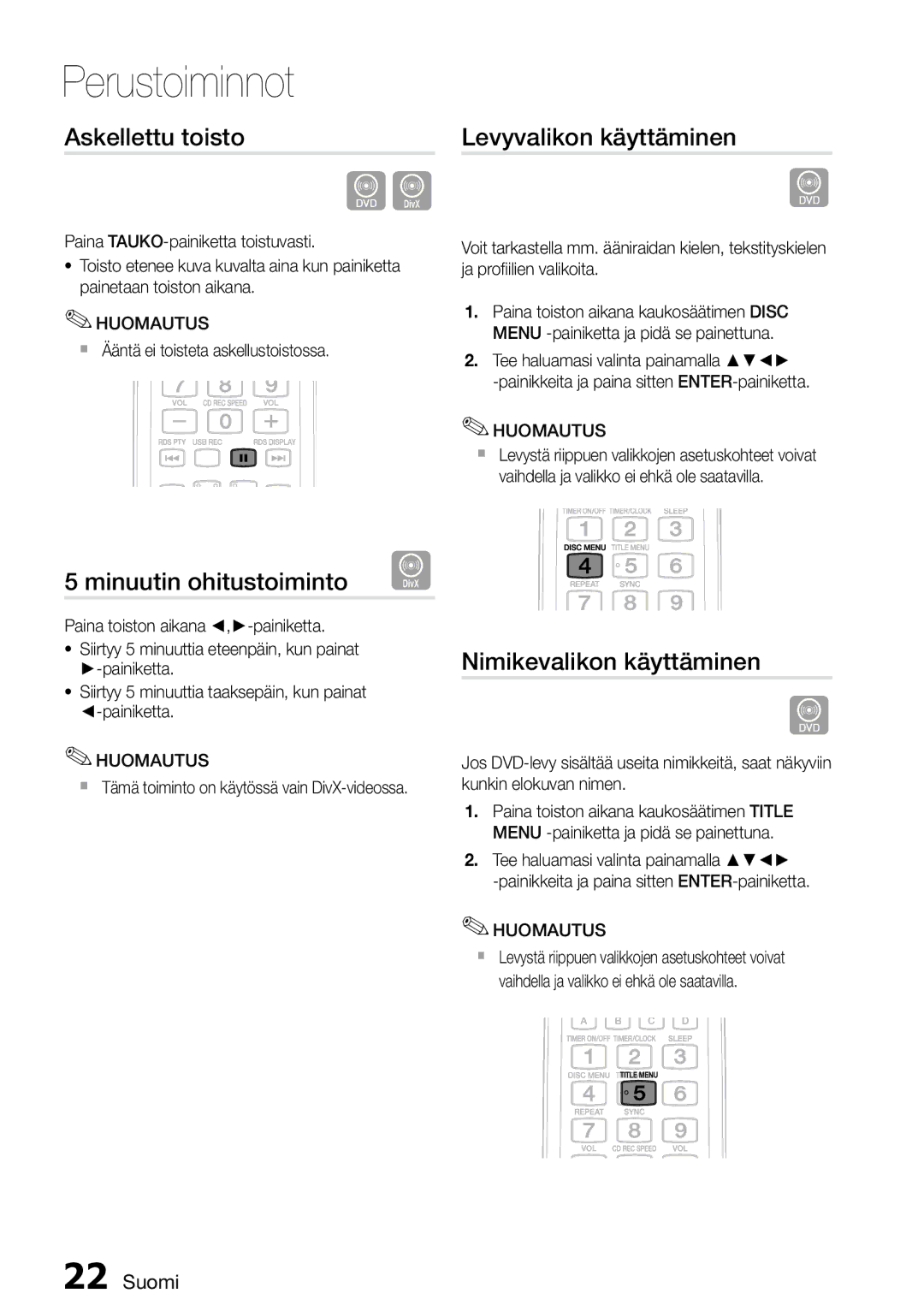 Samsung MM-D470D/XE manual Askellettu toisto, Levyvalikon käyttäminen, Minuutin ohitustoiminto, Nimikevalikon käyttäminen 