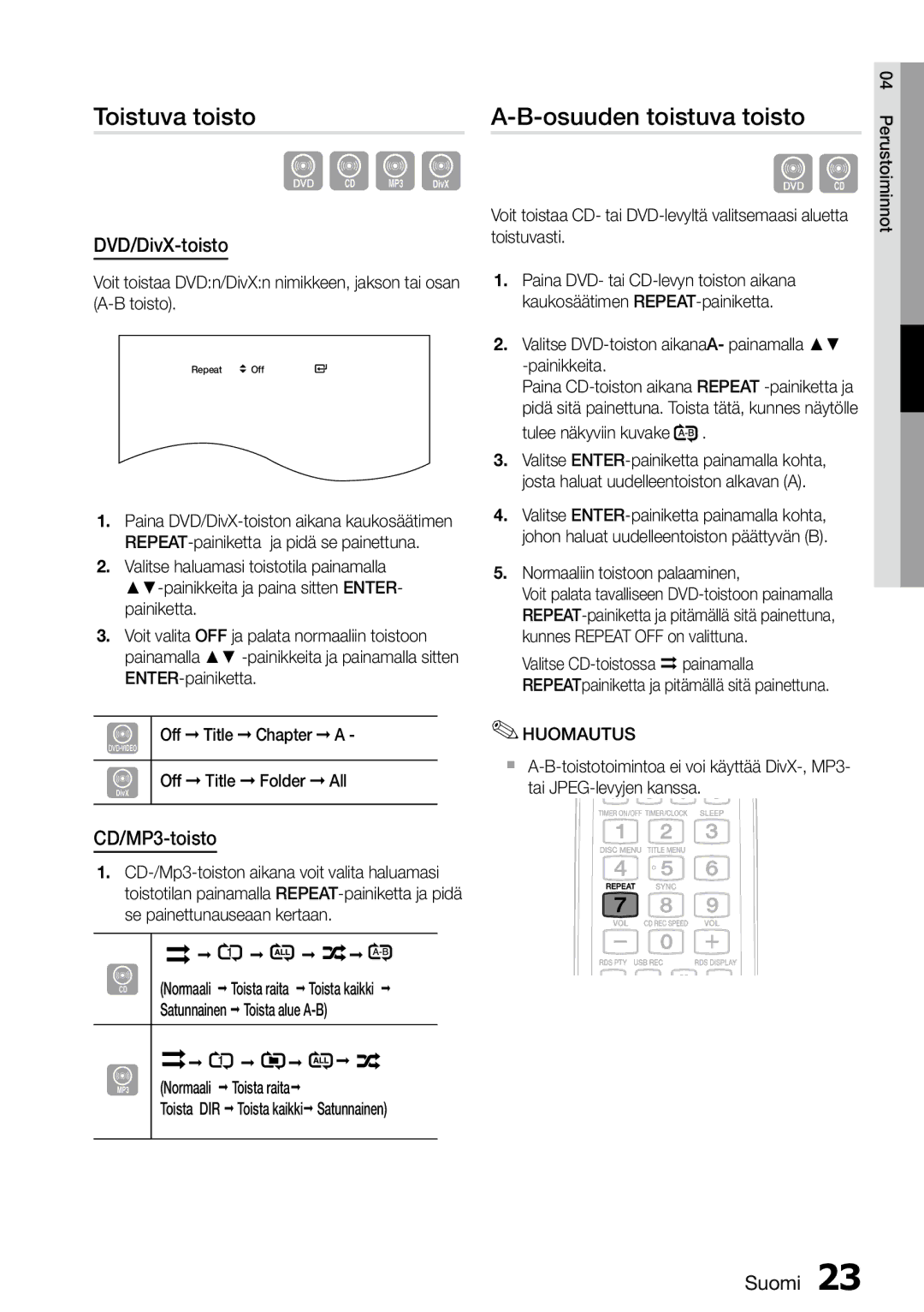 Samsung MM-D470D/XE manual Toistuva toisto, Osuuden toistuva toisto, DVD/DivX-toisto, CD/MP3-toisto 