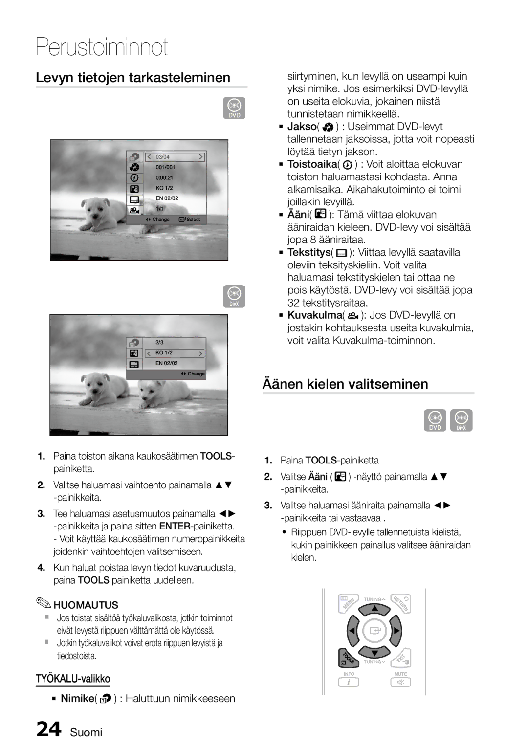 Samsung MM-D470D/XE manual Levyn tietojen tarkasteleminen, Äänen kielen valitseminen, TYÖKALU-valikko 