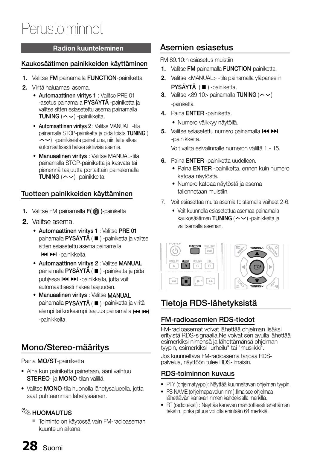 Samsung MM-D470D/XE manual Mono/Stereo-määritys, Asemien esiasetus, Tietoja RDS-lähetyksistä, Radion kuunteleminen 