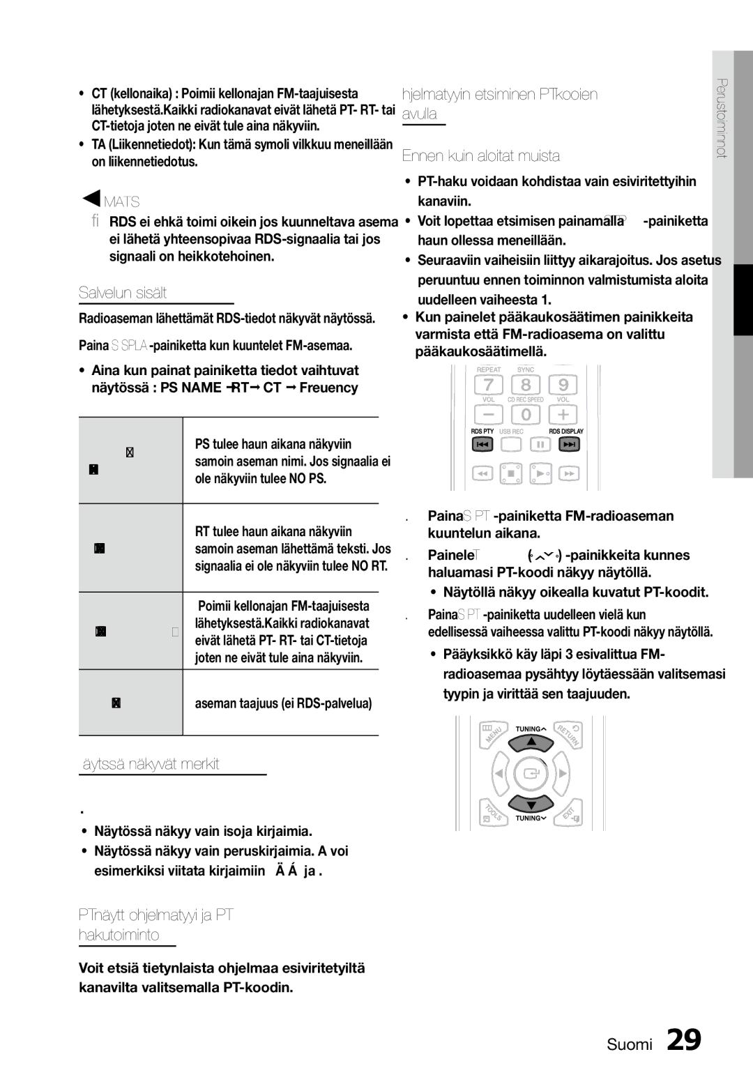 Samsung MM-D470D/XE manual RDS-palvelun sisältö, Näytössä näkyvät merkit, PTY-näyttö ohjelmatyyppi ja PTY- hakutoiminto 