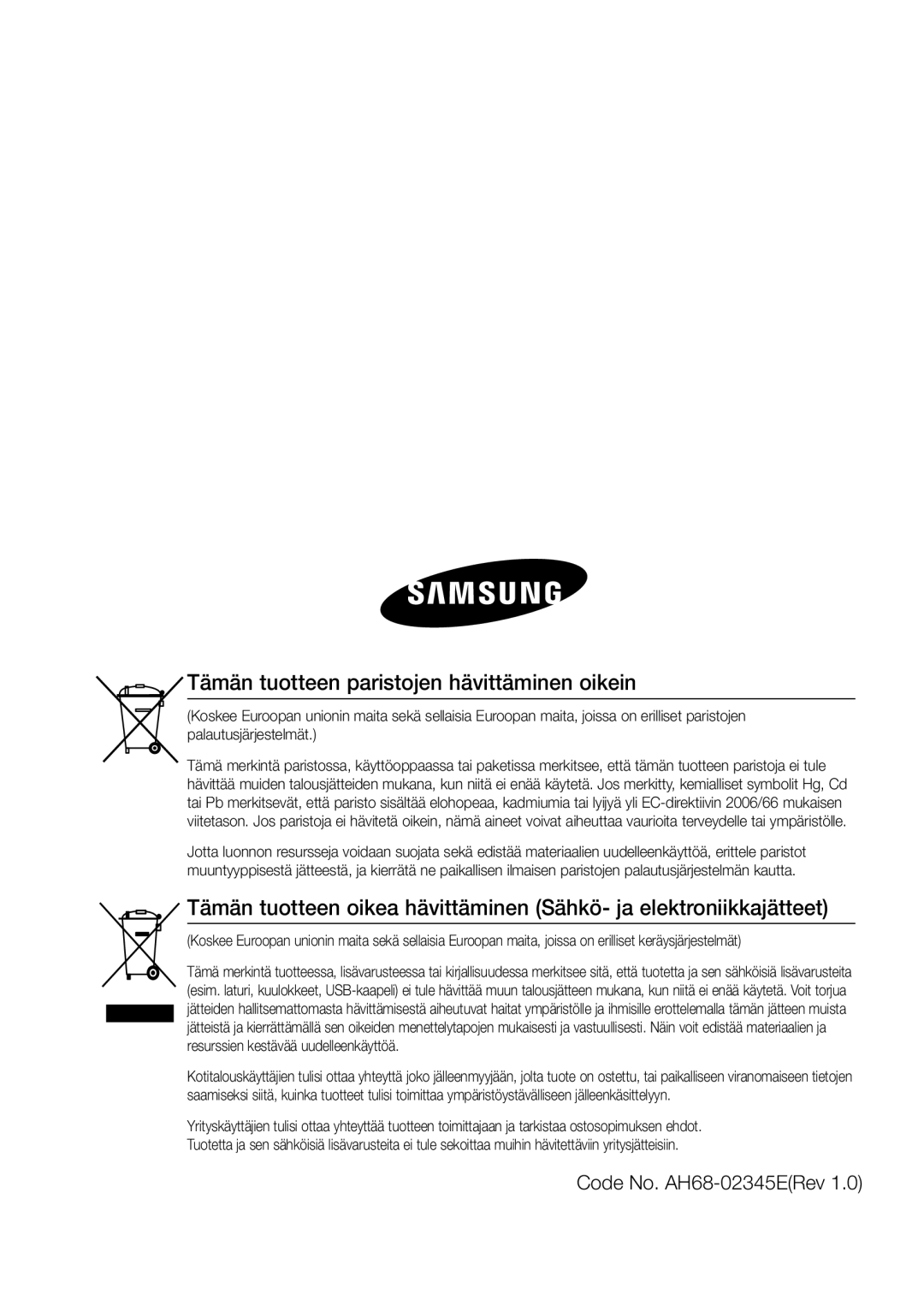 Samsung MM-D470D/XE manual Tämän tuotteen paristojen hävittäminen oikein, Code No. AH68-02345ERev 