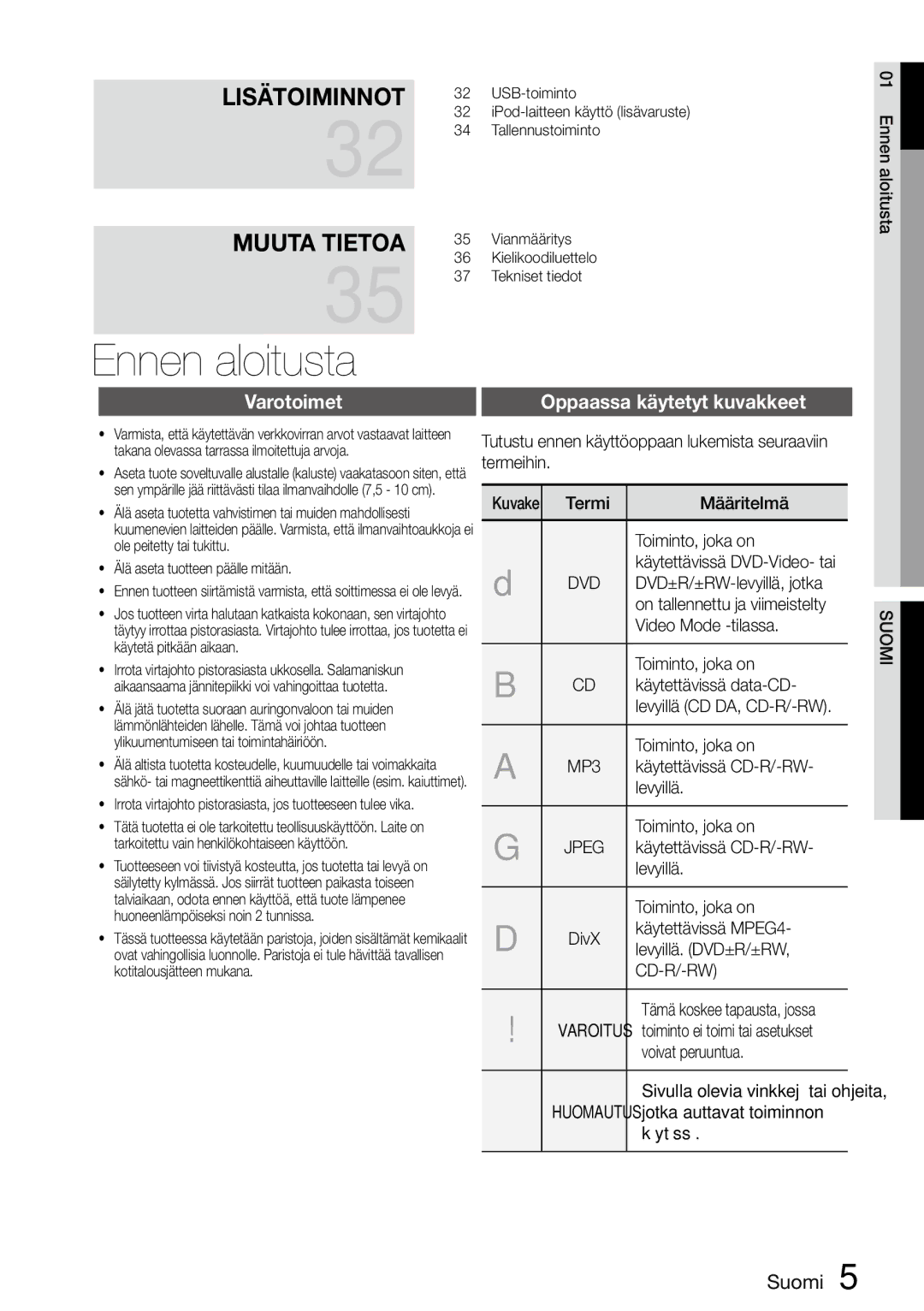 Samsung MM-D470D/XE manual Ennen aloitusta, Varotoimet, MP3, Jpeg, Cd-R/-Rw 