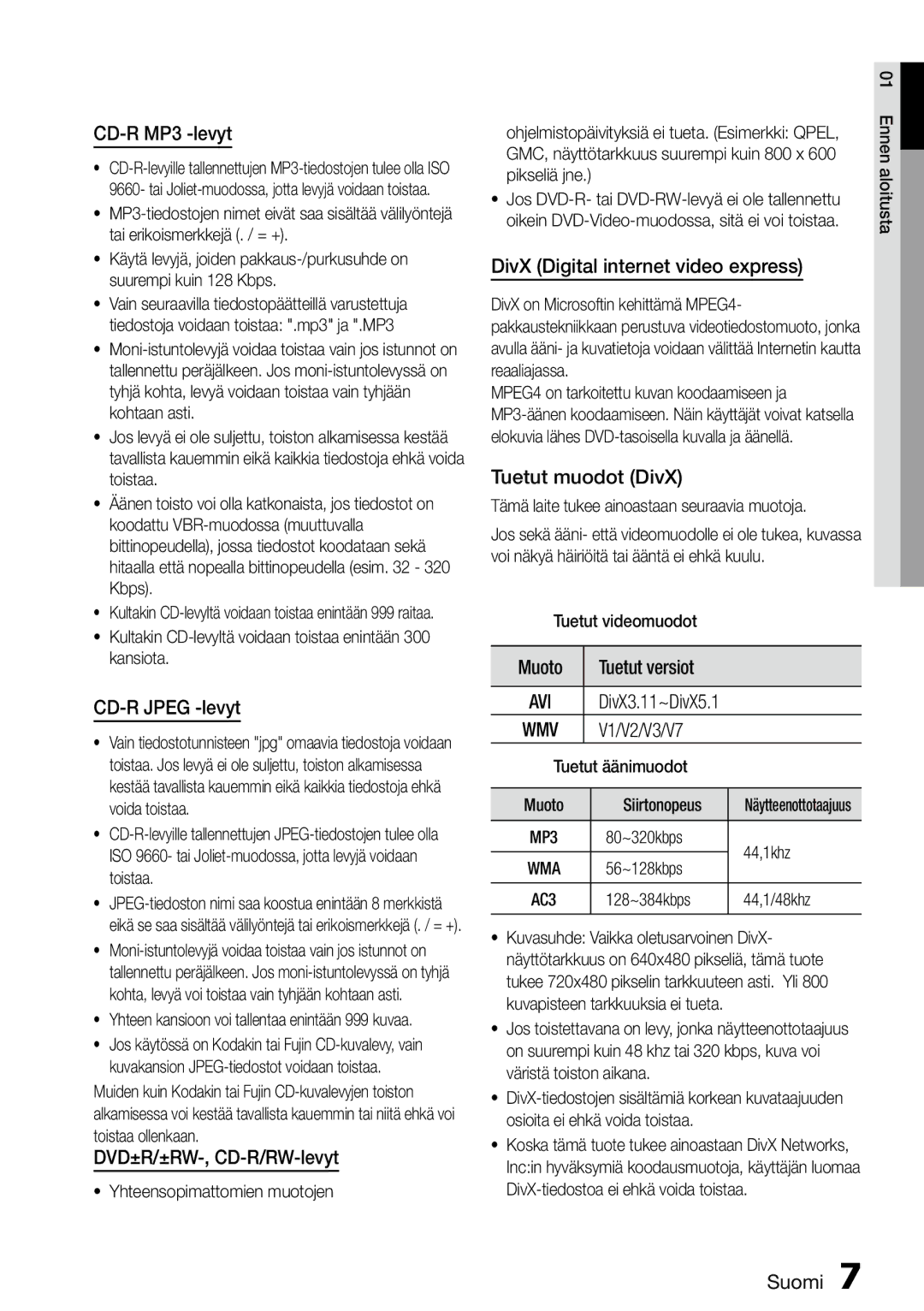 Samsung MM-D470D/XE CD-R MP3 -levyt, CD-R Jpeg -levyt, DVD±R/±RW-, CD-R/RW-levyt, DivX Digital internet video express 