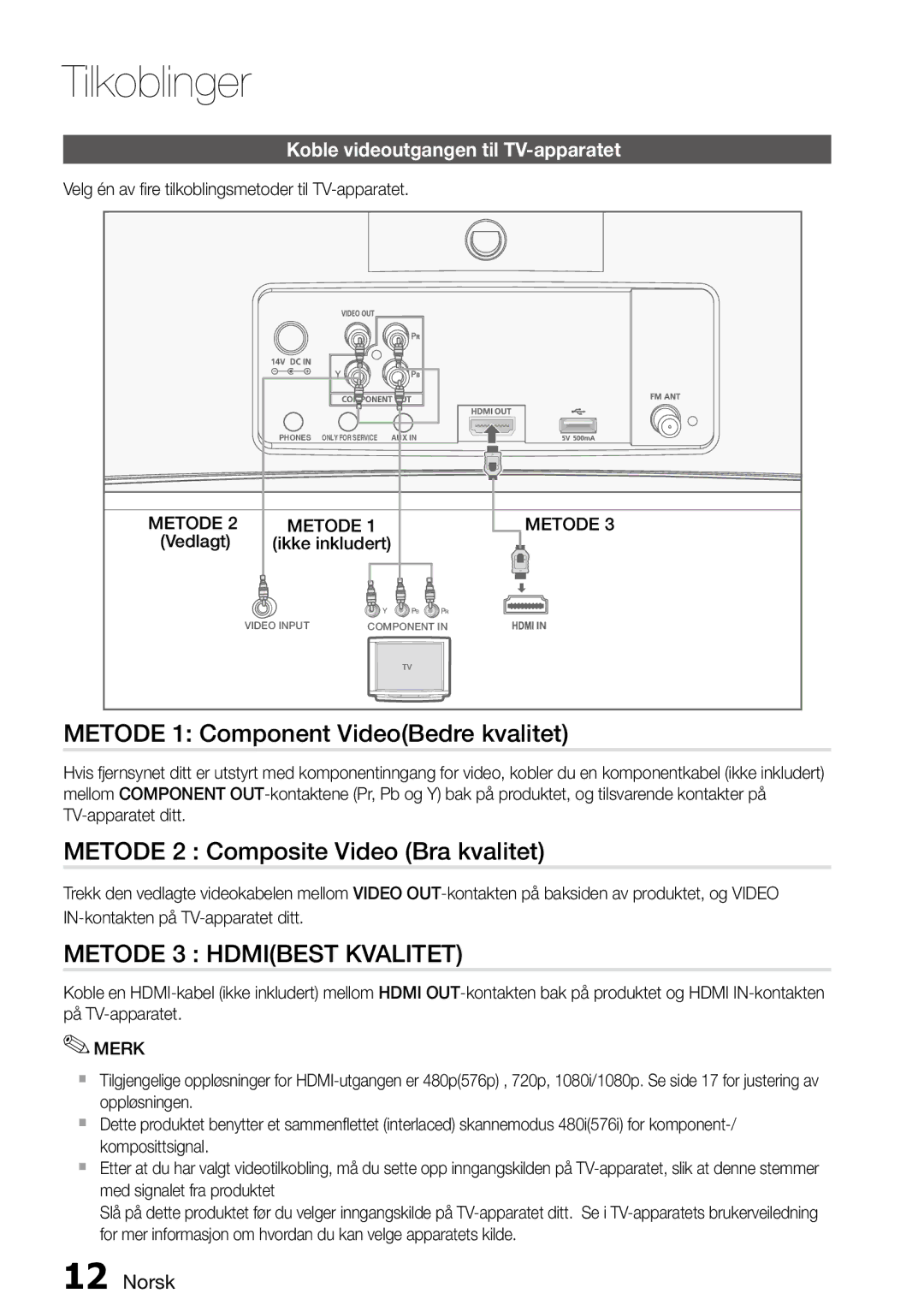 Samsung MM-D470D/XE manual Tilkoblinger, Metode 1 Component VideoBedre kvalitet, Metode 2 Composite Video Bra kvalitet 