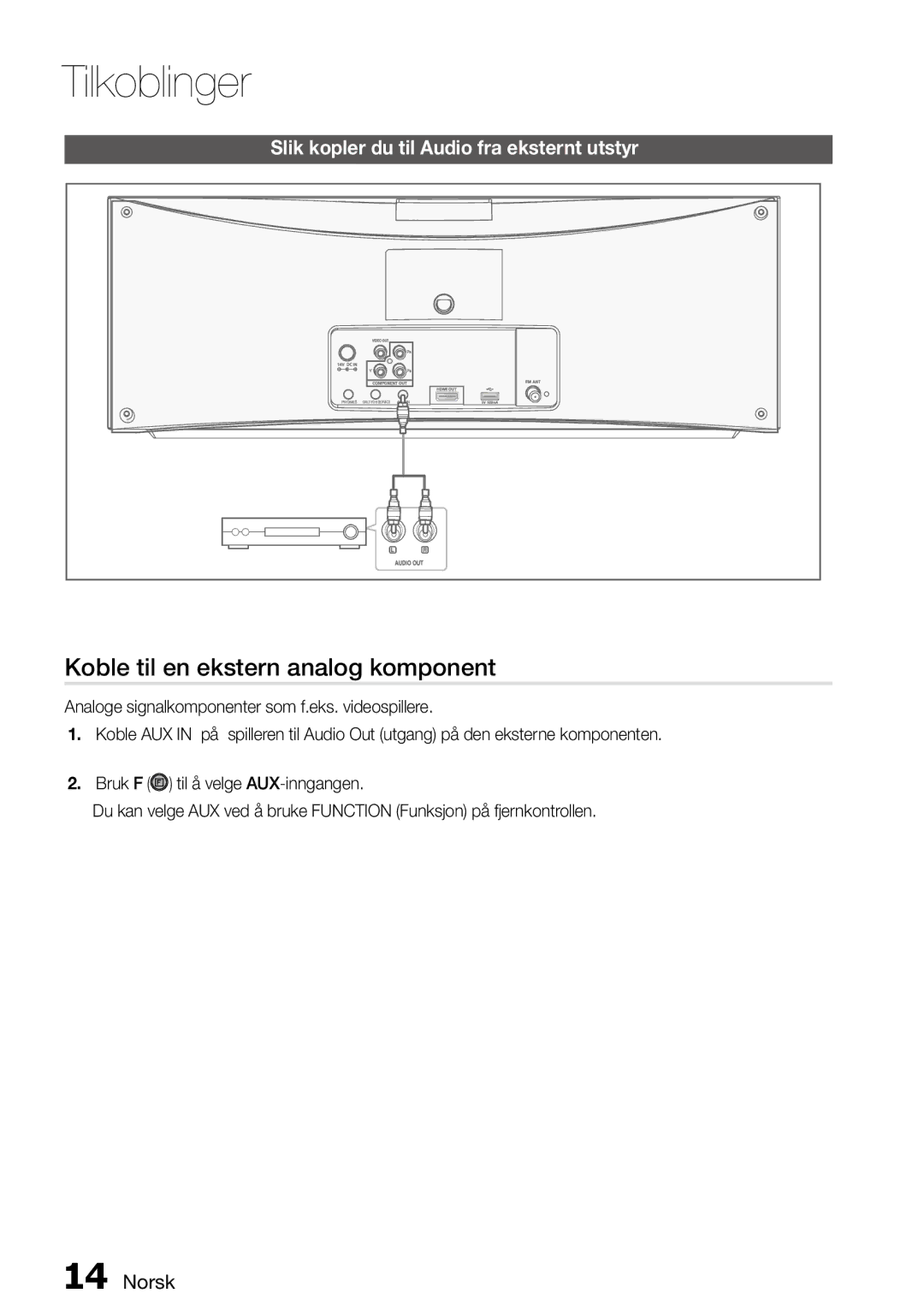 Samsung MM-D470D/XE manual Koble til en ekstern analog komponent, Slik kopler du til Audio fra eksternt utstyr 