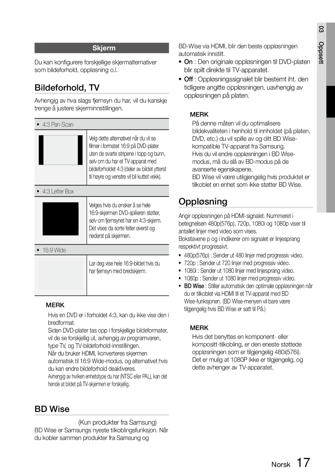 Samsung MM-D470D/XE manual Bildeforhold, TV, BD Wise, Oppløsning, Skjerm 