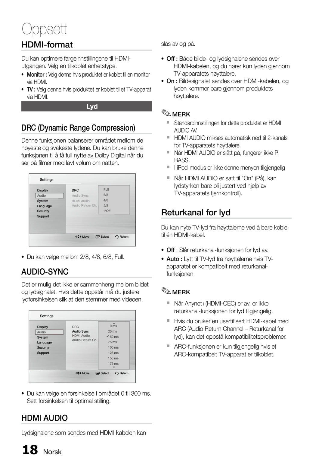 Samsung MM-D470D/XE manual HDMI-format, Returkanal for lyd, Lyd, Ser på filmer Med lavt volum om natten 