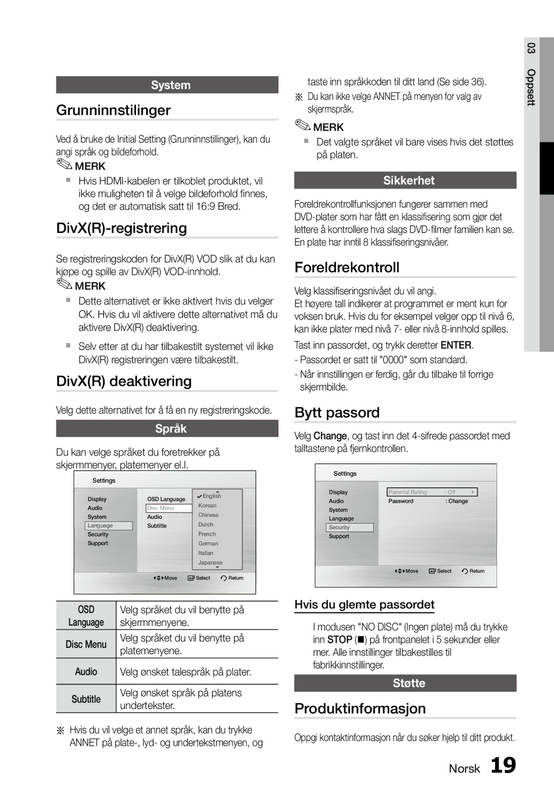 Samsung MM-D470D/XE manual Grunninnstilinger, DivXR-registrering, DivXR deaktivering, Foreldrekontroll, Bytt passord 