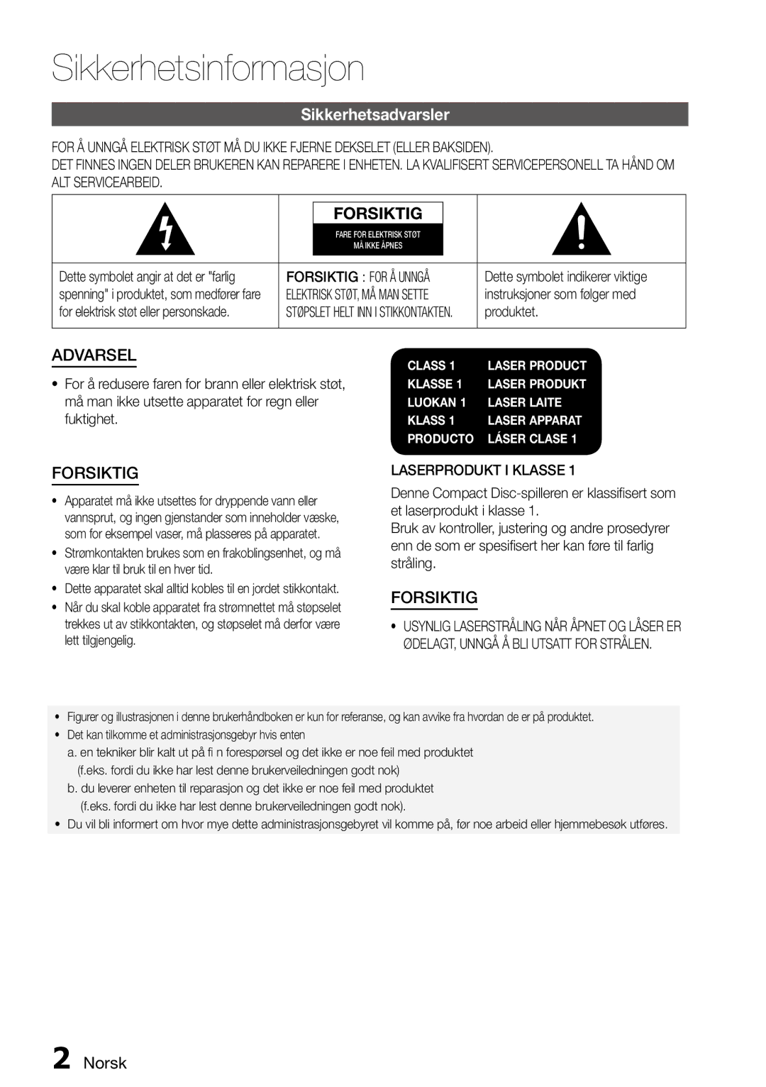 Samsung MM-D470D/XE manual Sikkerhetsinformasjon, Sikkerhetsadvarsler, Norsk, Forsiktig for Å Unngå, Laserprodukt I Klasse 