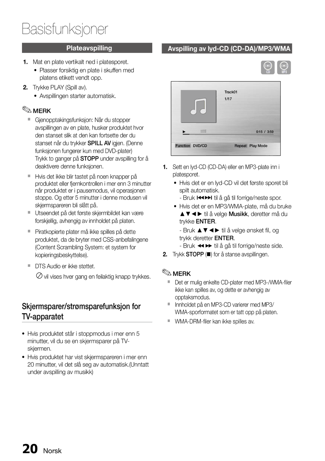 Samsung MM-D470D/XE manual Basisfunksjoner, Skjermsparer/strømsparefunksjon for TV-apparatet, Plateavspilling 