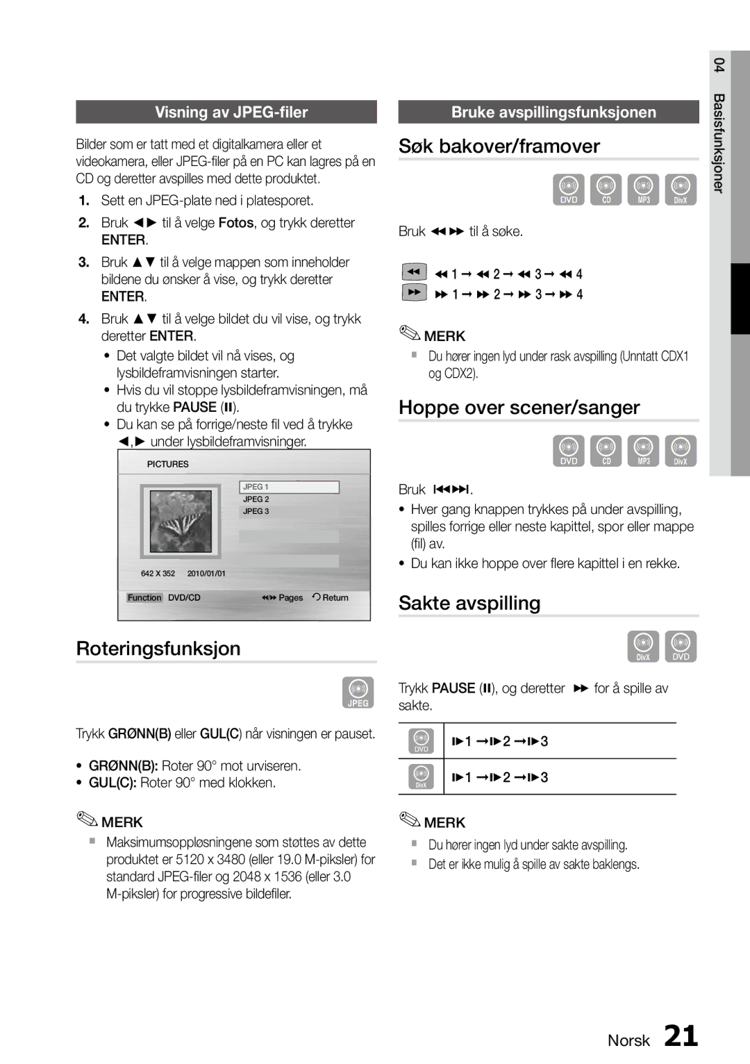 Samsung MM-D470D/XE manual Roteringsfunksjon, Søk bakover/framover, Hoppe over scener/sanger, Sakte avspilling 