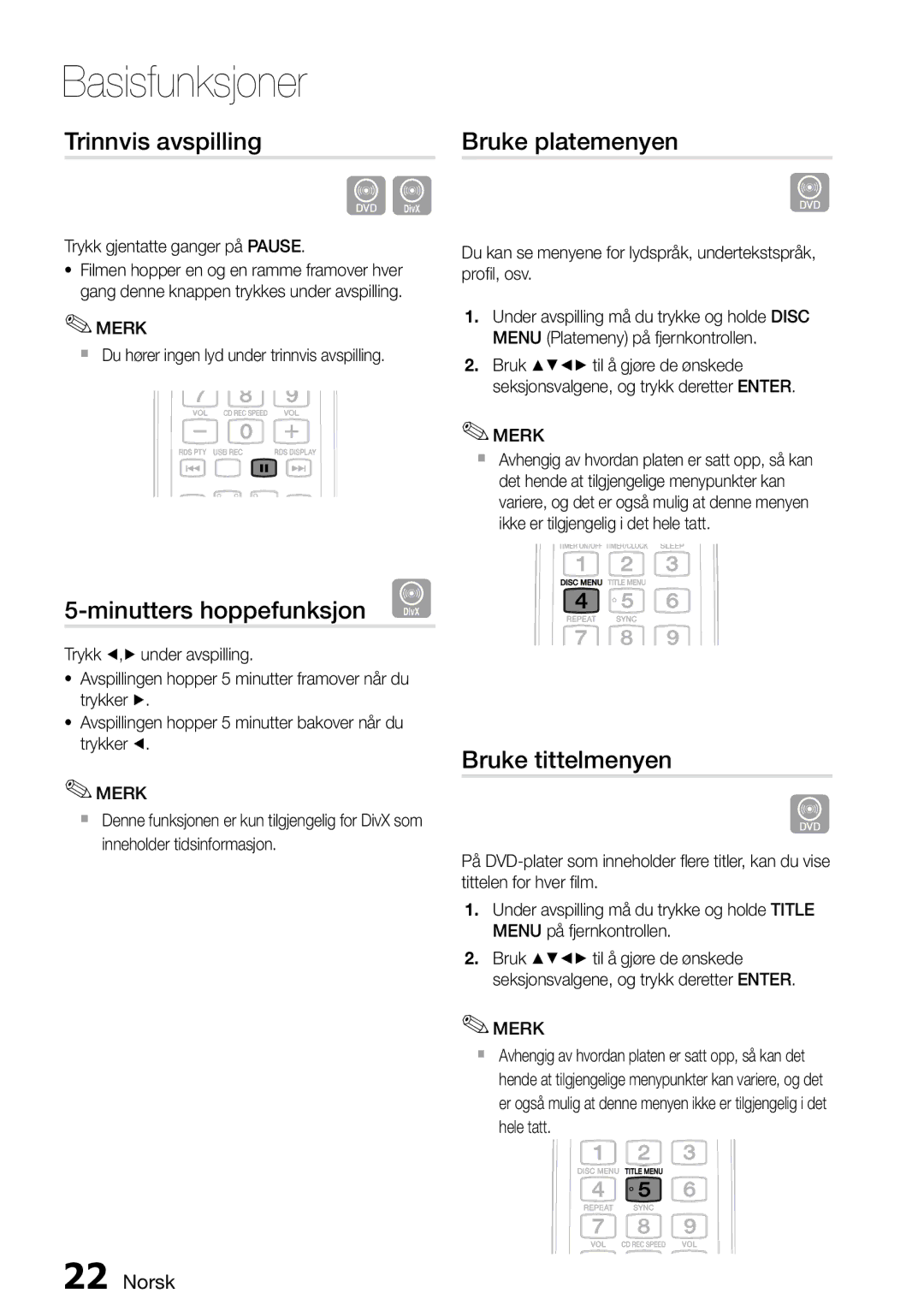 Samsung MM-D470D/XE manual Trinnvis avspilling, Bruke platemenyen, Minutters hoppefunksjon D, Bruke tittelmenyen 