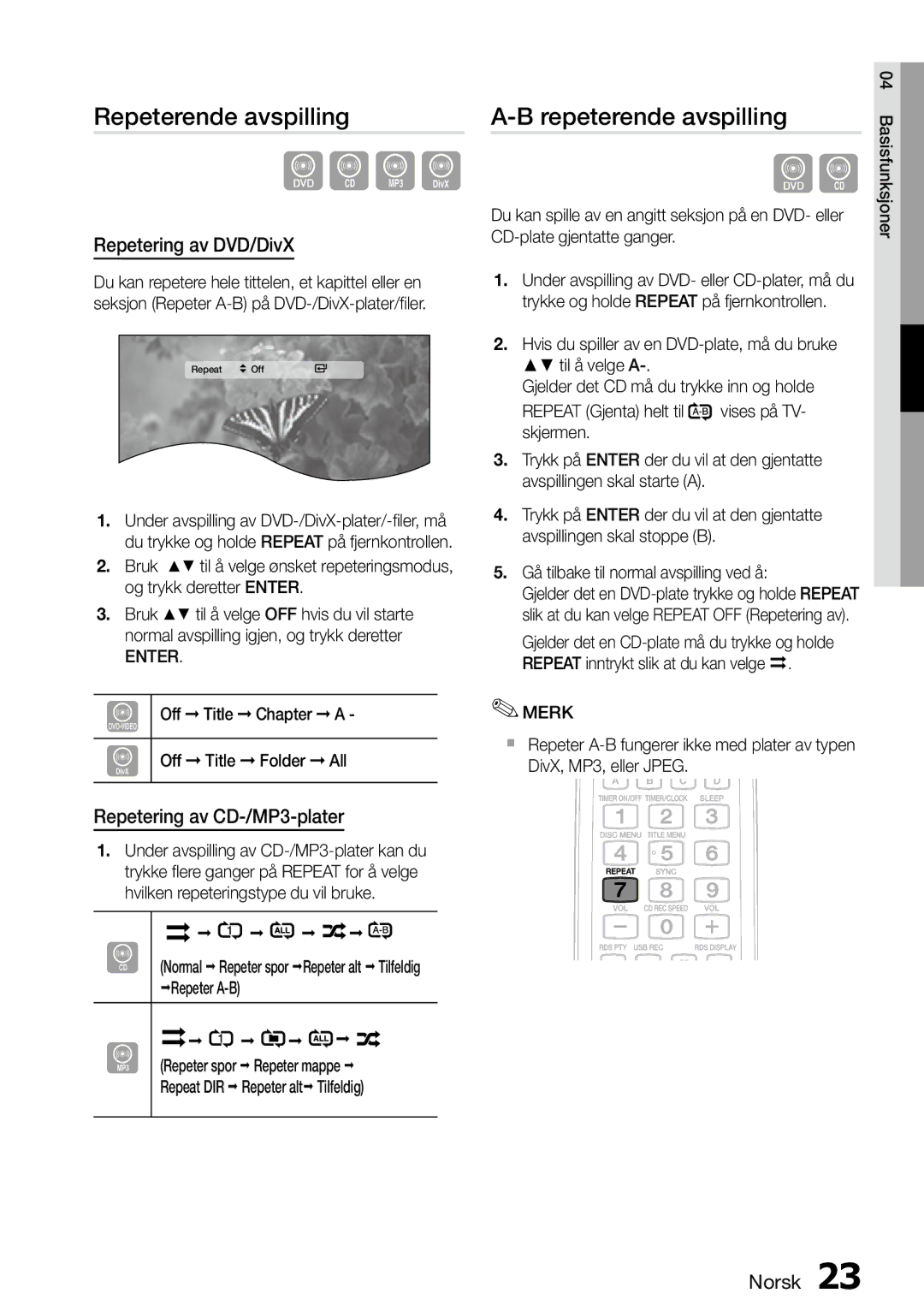 Samsung MM-D470D/XE manual Repeterende avspilling, Repetering av DVD/DivX, Repetering av CD-/MP3-plater 