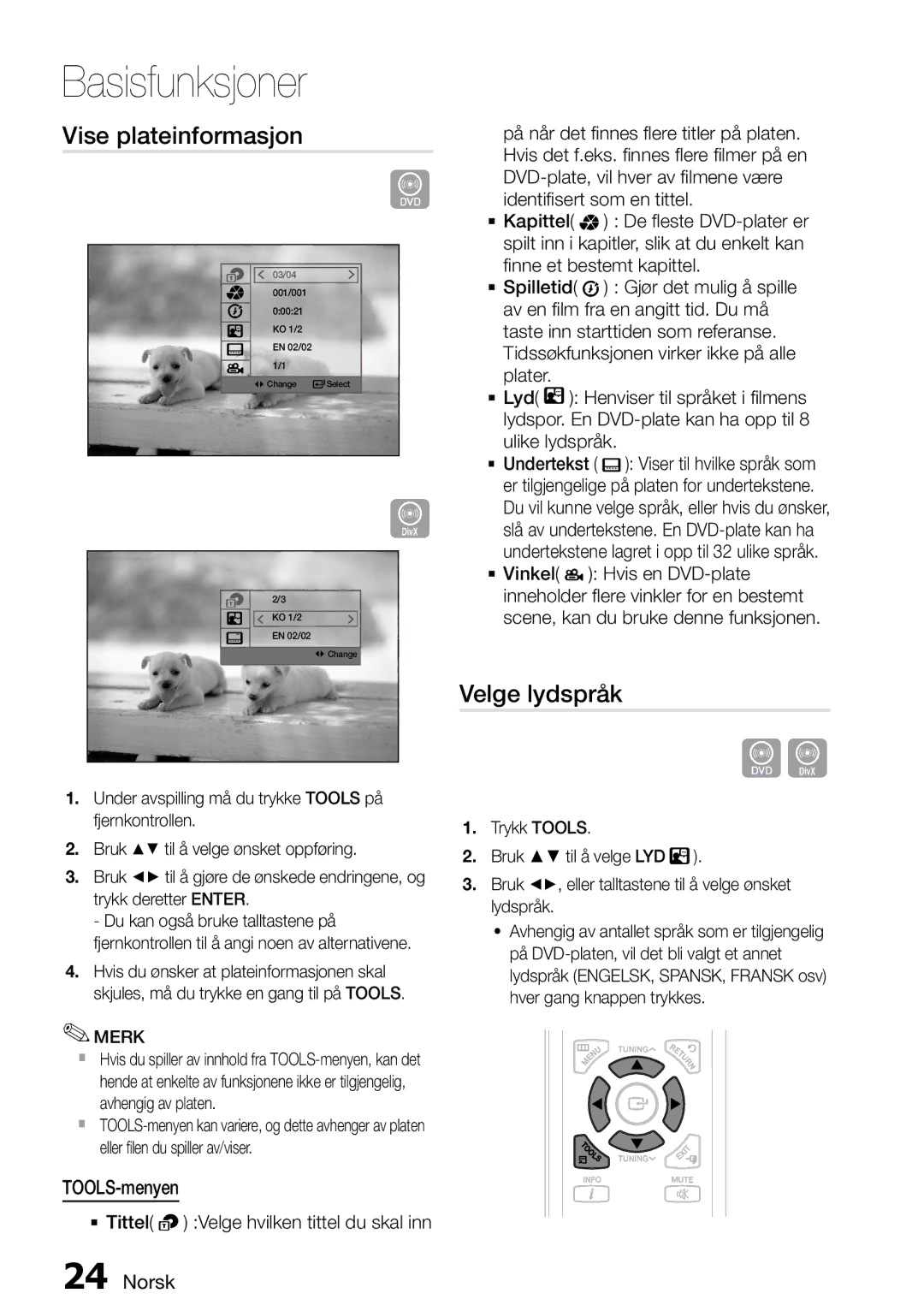 Samsung MM-D470D/XE manual Vise plateinformasjon, Velge lydspråk, TOOLS-menyen 