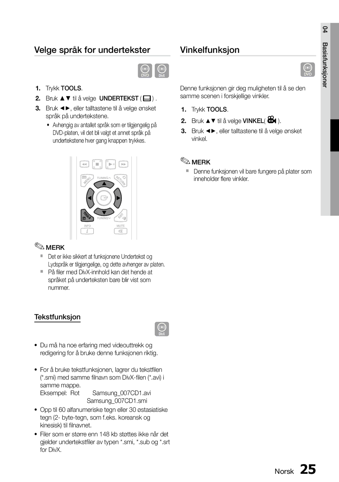 Samsung MM-D470D/XE manual Velge språk for undertekster, Vinkelfunksjon, Tekstfunksjon 