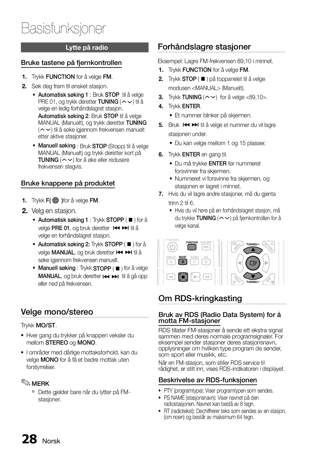 Samsung MM-D470D/XE manual Velge mono/stereo, Forhåndslagre stasjoner, Om RDS-kringkasting, Velg en stasjon, Lytte på radio 