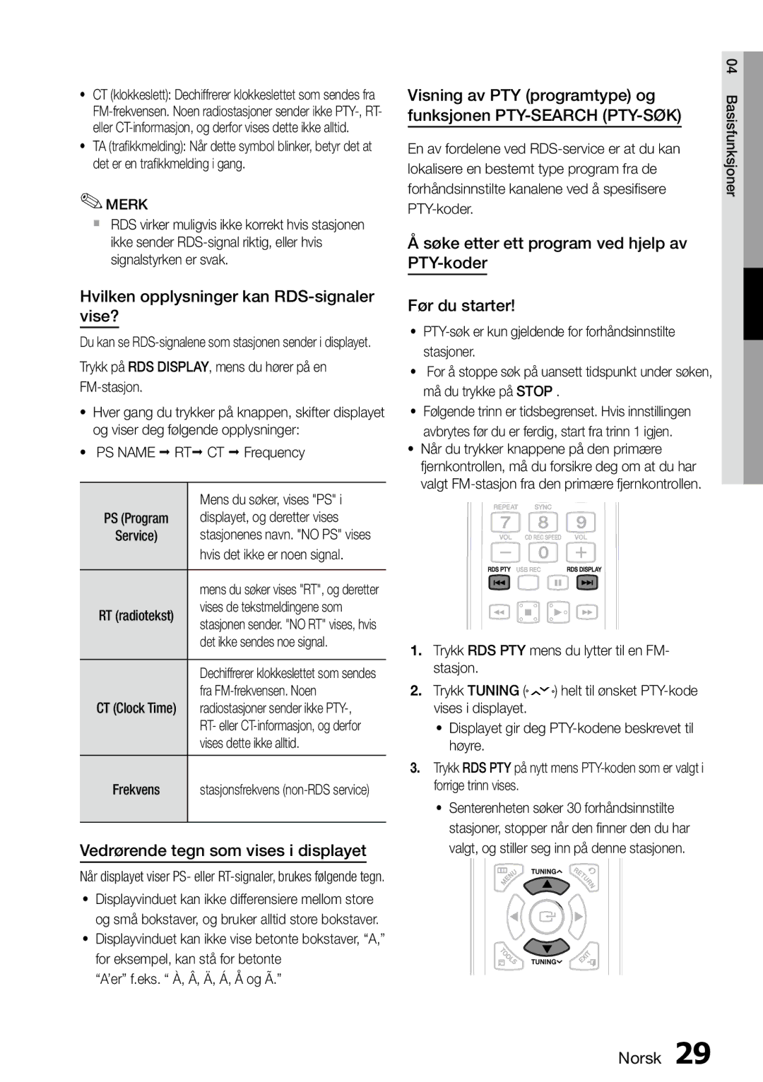 Samsung MM-D470D/XE manual Hvilken opplysninger kan RDS-signaler vise?, Vedrørende tegn som vises i displayet 