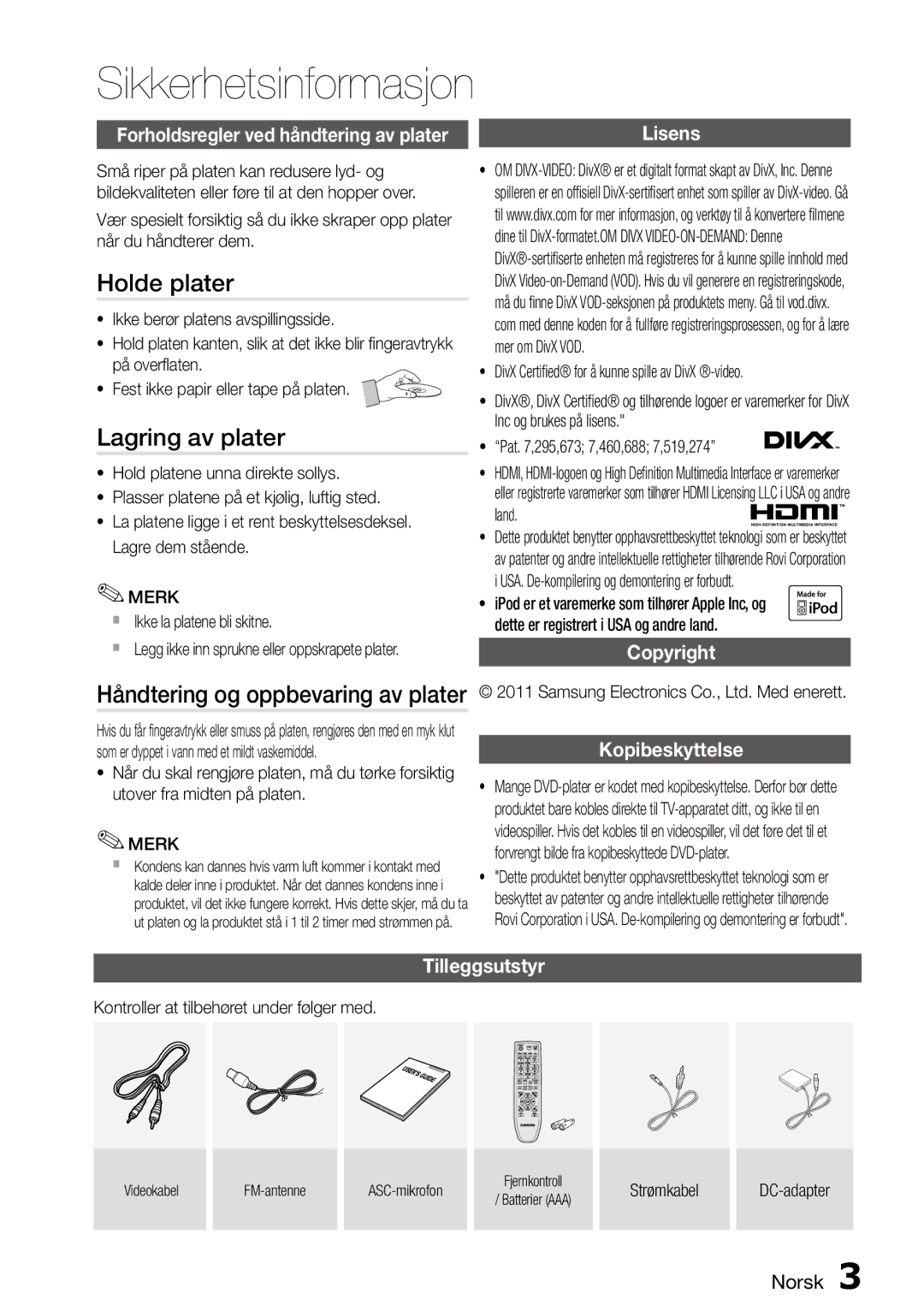 Samsung MM-D470D/XE Holde plater, Lagring av plater, Forholdsregler ved håndtering av plater, Copyright Kopibeskyttelse 