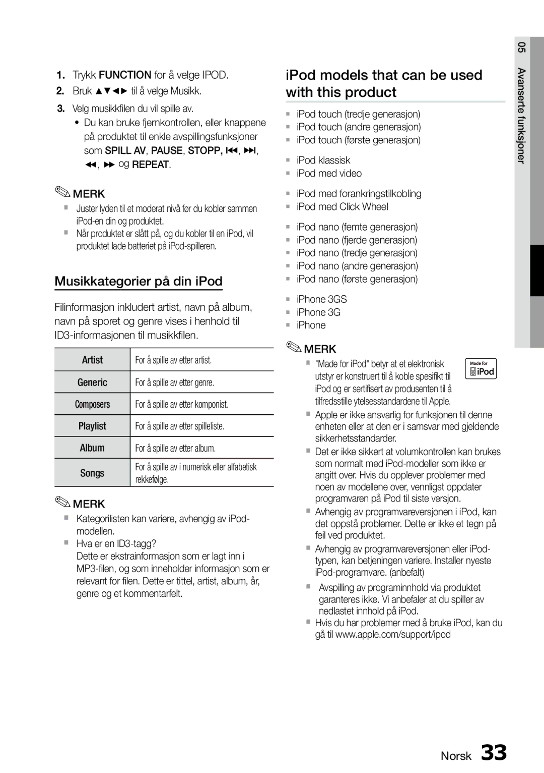 Samsung MM-D470D/XE manual IPod models that can be used with this product, Musikkategorier på din iPod 