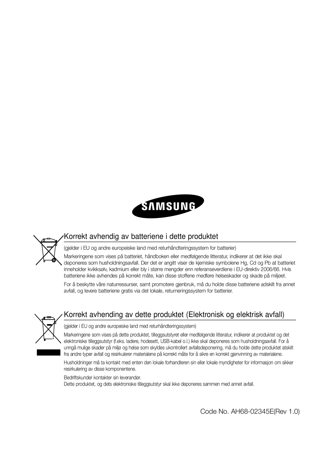 Samsung MM-D470D/XE manual Korrekt avhendig av batteriene i dette produktet, Code No. AH68-02345ERev 