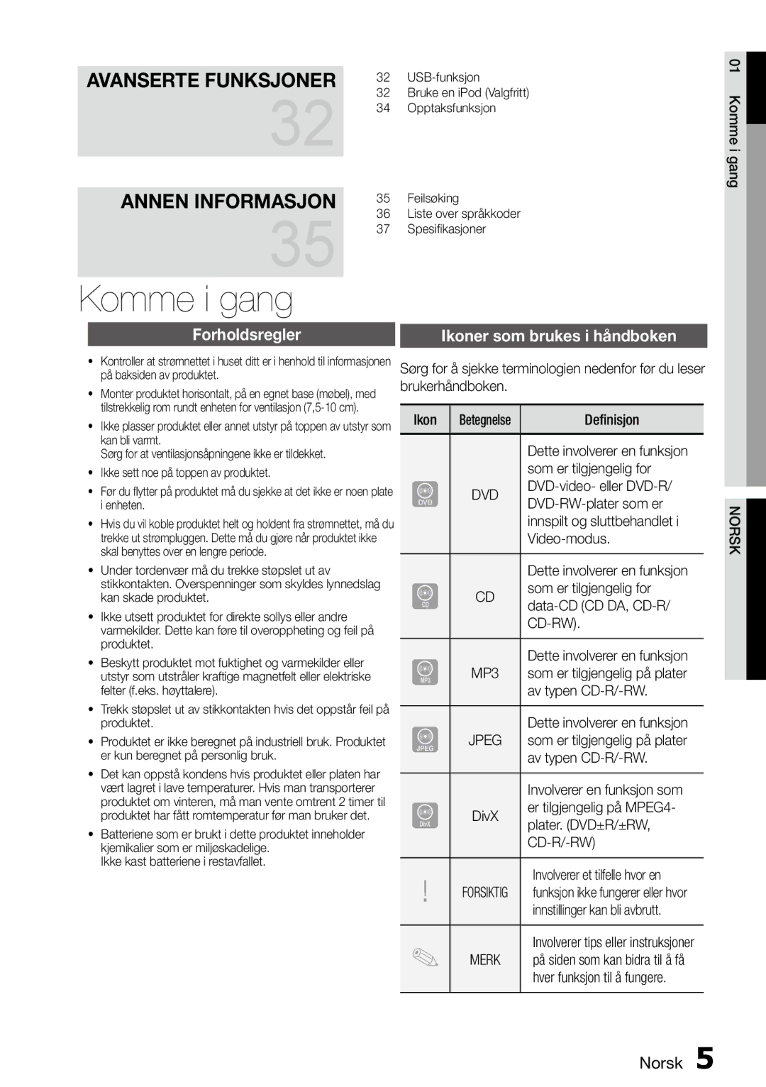 Samsung MM-D470D/XE manual Forholdsregler Ikoner som brukes i håndboken, Cd-Rw, MP3, Jpeg, Cd-R/-Rw 