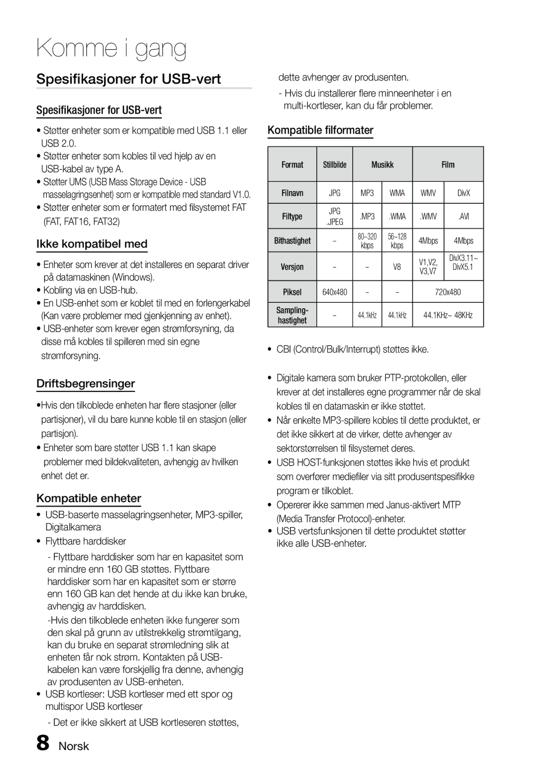 Samsung MM-D470D/XE manual Spesifikasjoner for USB-vert 