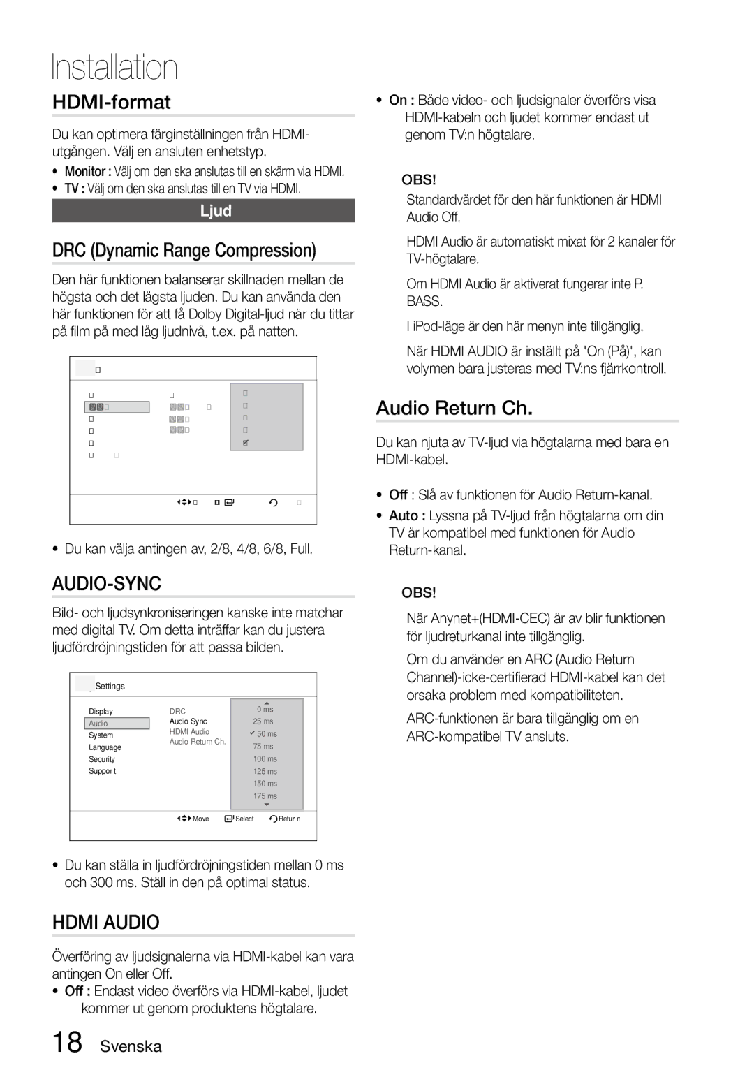 Samsung MM-D470D/XE manual HDMI-format, Audio Return Ch, Ljud, Du kan välja antingen av, 2/8, 4/8, 6/8, Full 