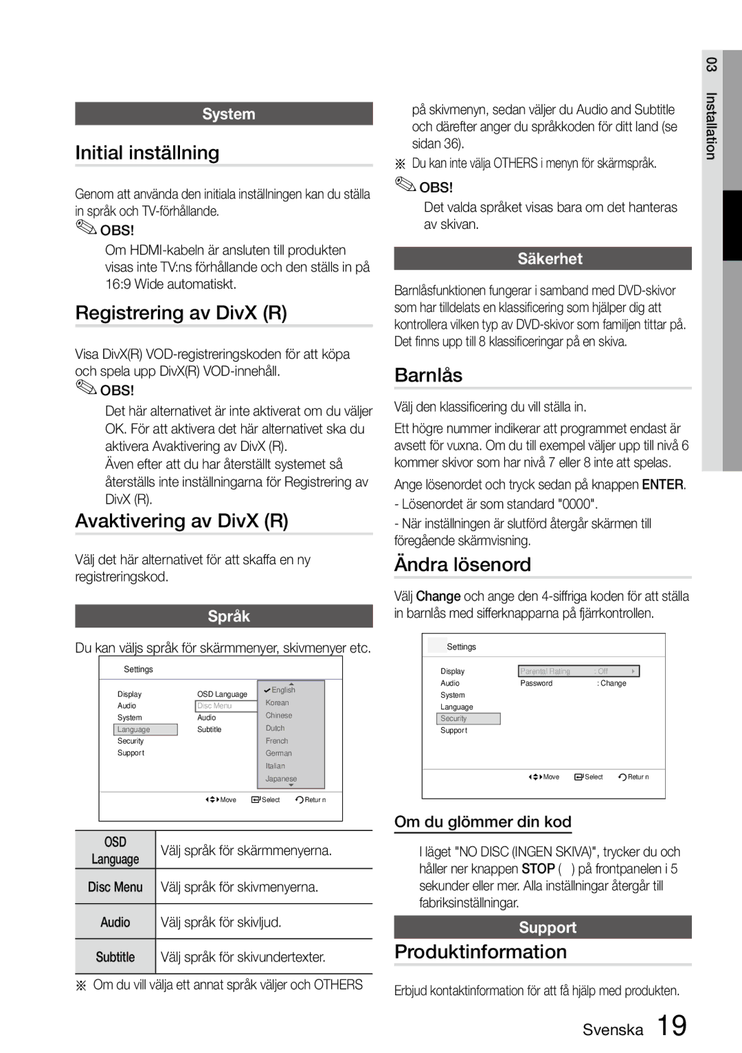 Samsung MM-D470D/XE manual Initial inställning, Registrering av DivX R, Barnlås, Ändra lösenord, Produktinformation 