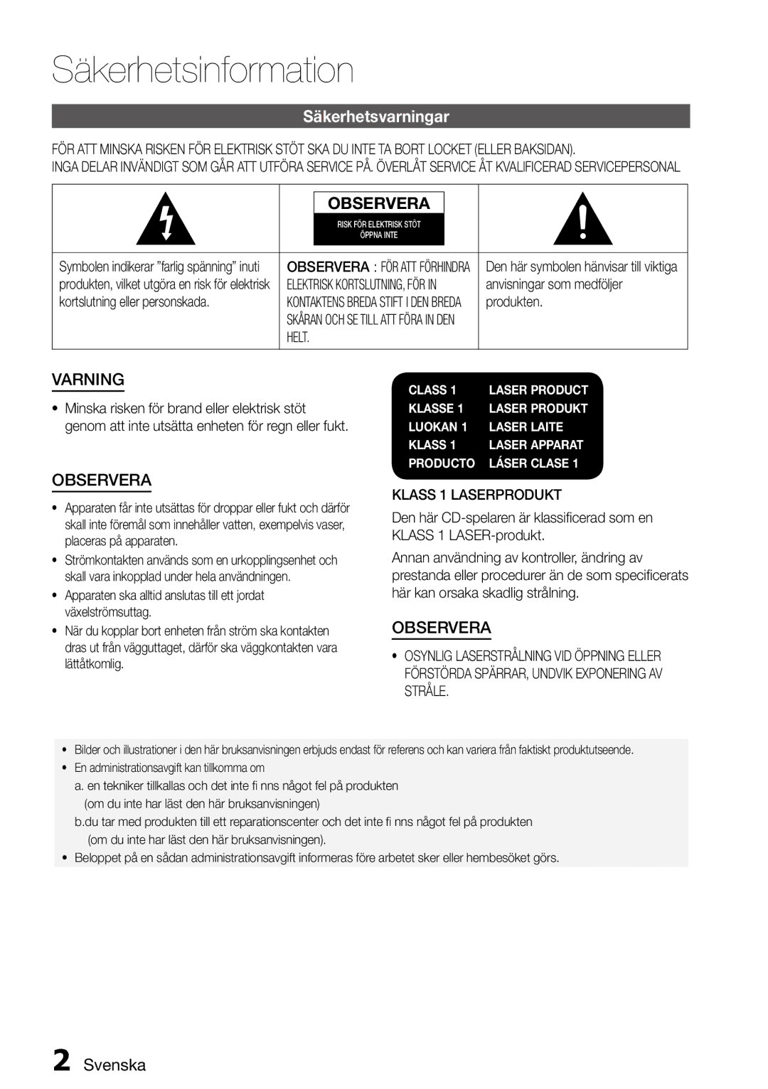 Samsung MM-D470D/XE manual Säkerhetsinformation, Säkerhetsvarningar, Svenska, Helt, Klass 1 Laserprodukt 