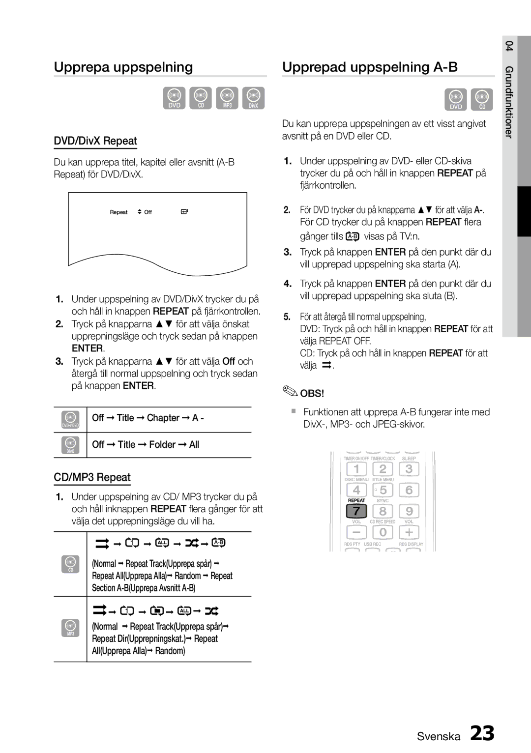 Samsung MM-D470D/XE manual Upprepa uppspelning, Upprepad uppspelning A-B, DVD/DivX Repeat, CD/MP3 Repeat 