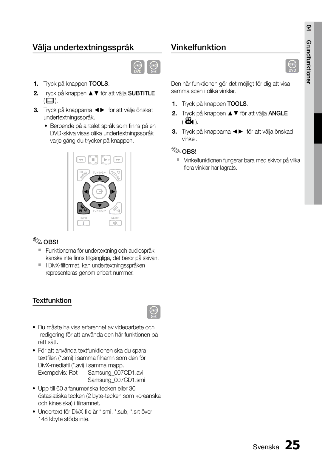 Samsung MM-D470D/XE manual Välja undertextningsspråk, Vinkelfunktion, Textfunktion 