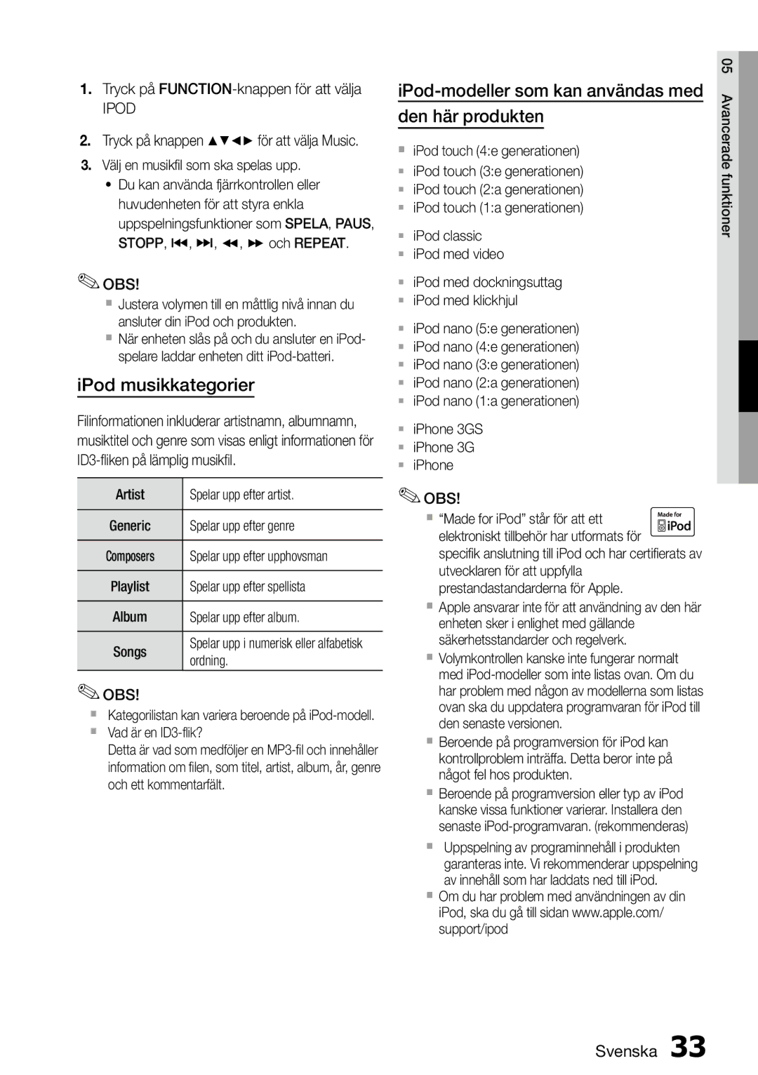 Samsung MM-D470D/XE manual IPod musikkategorier, IPod-modeller som kan användas med den här produkten 