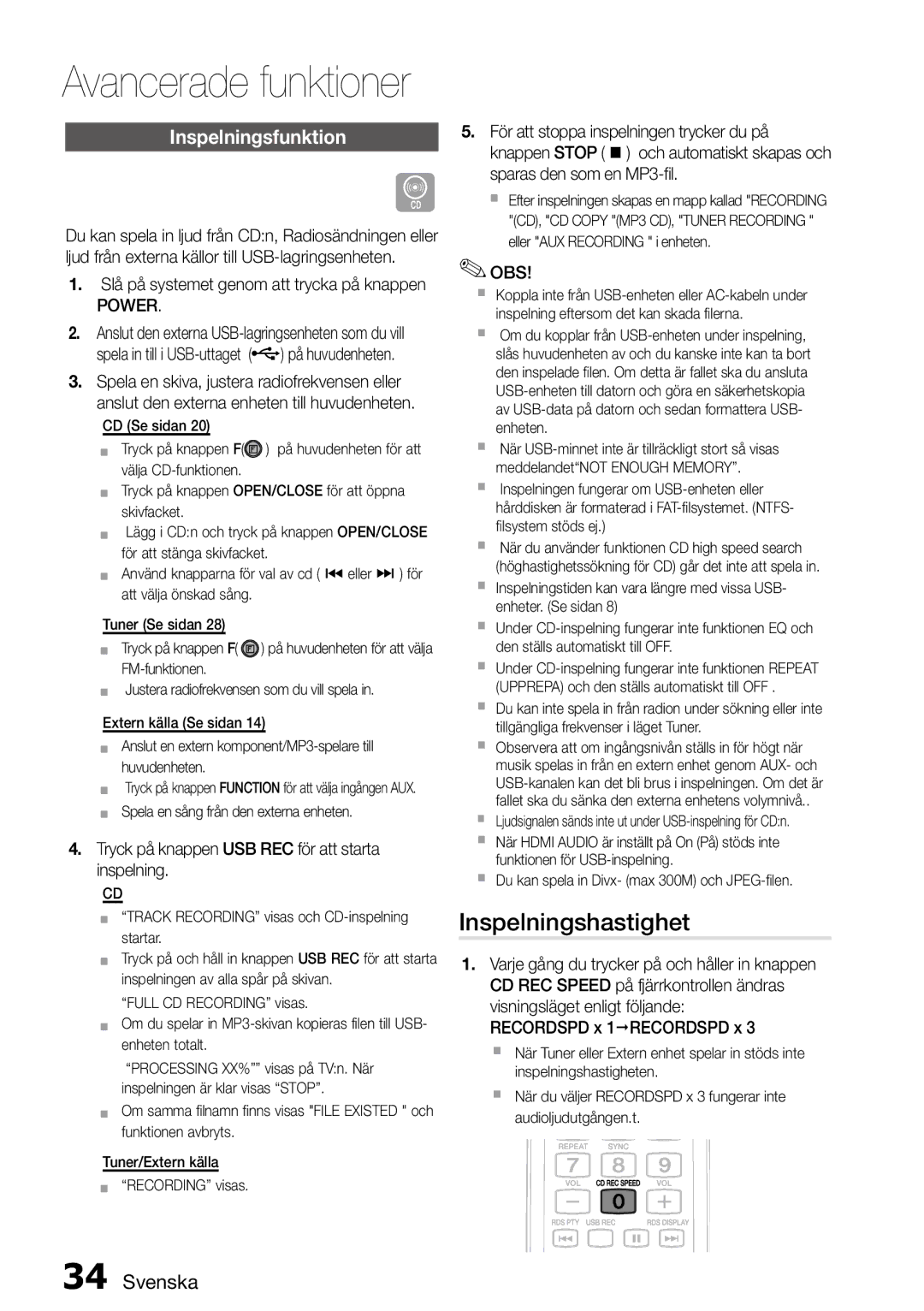 Samsung MM-D470D/XE manual Inspelningshastighet, Inspelningsfunktion, Tryck på knappen USB REC för att starta inspelning 