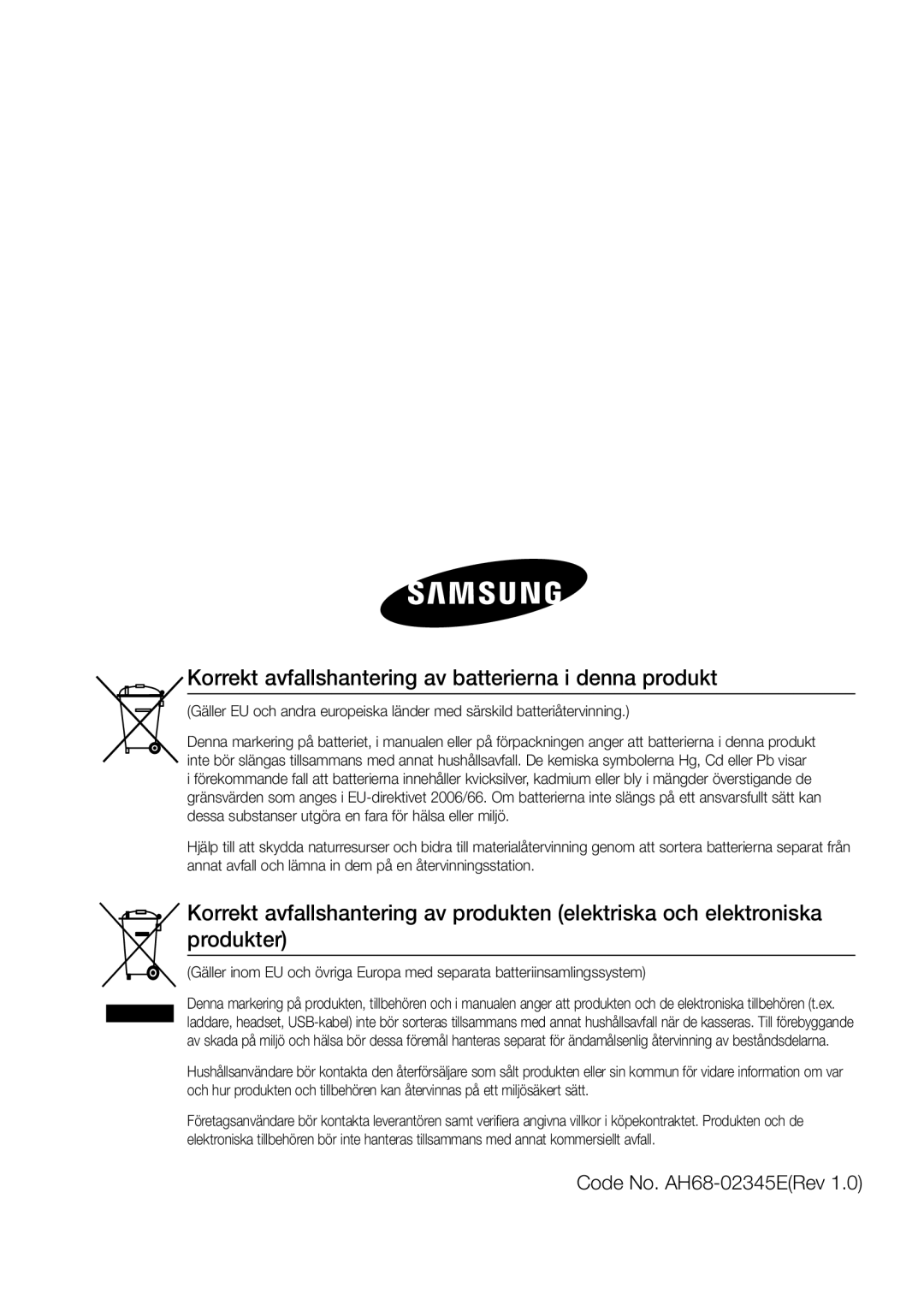 Samsung MM-D470D/XE manual Korrekt avfallshantering av batterierna i denna produkt, Code No. AH68-02345ERev 