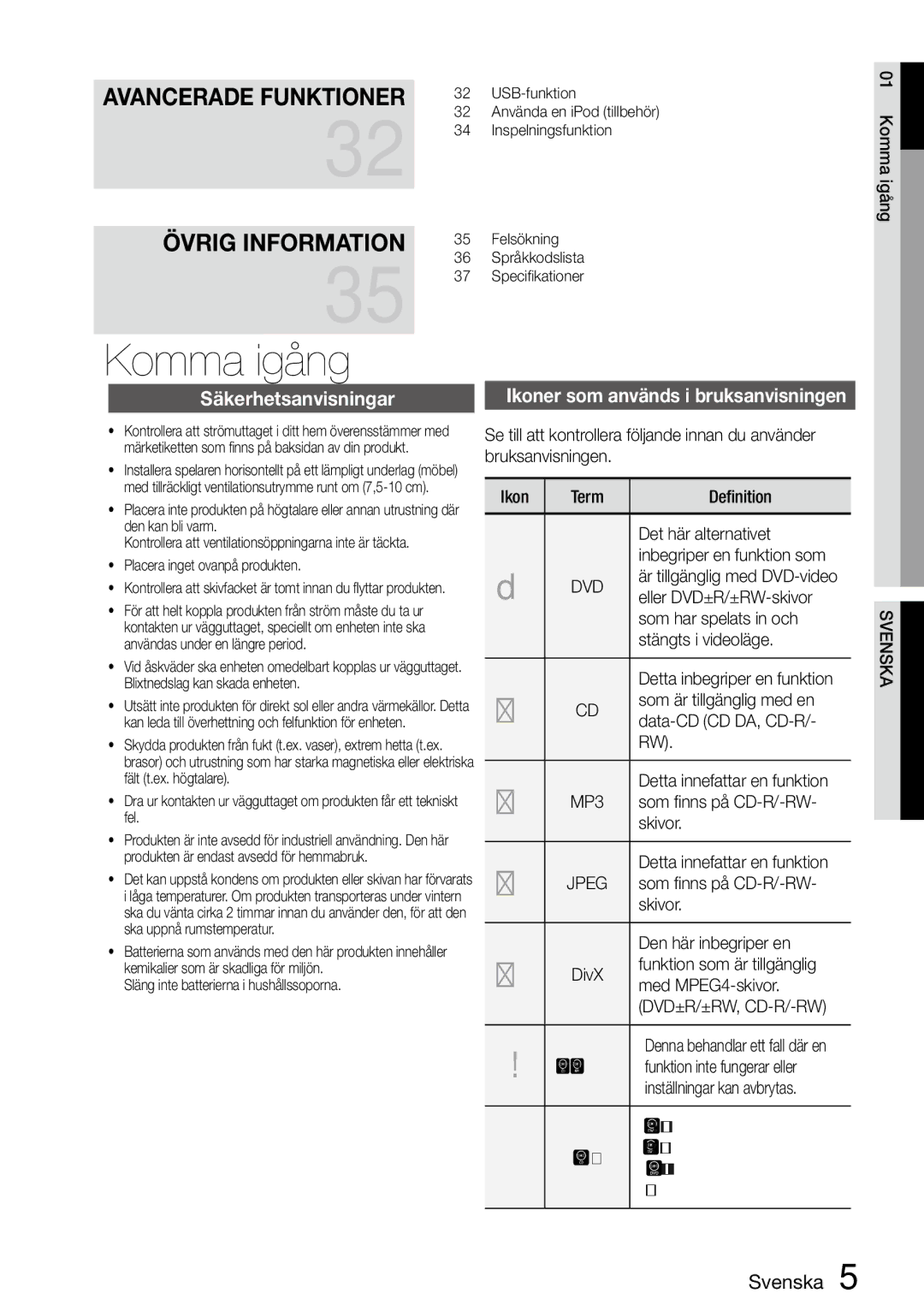 Samsung MM-D470D/XE manual Komma igång, Säkerhetsanvisningar, Ikoner som används i bruksanvisningen 