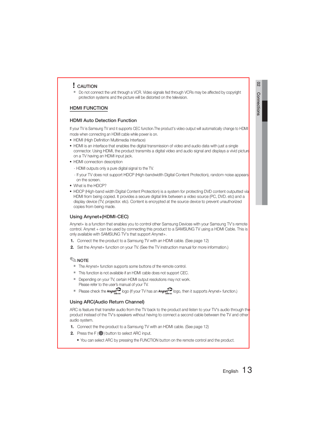 Samsung MM-D470D/EN, MM-D470D/XN manual Hdmi Auto Detection Function, Using Anynet+HDMI-CEC, Using ARCAudio Return Channel 