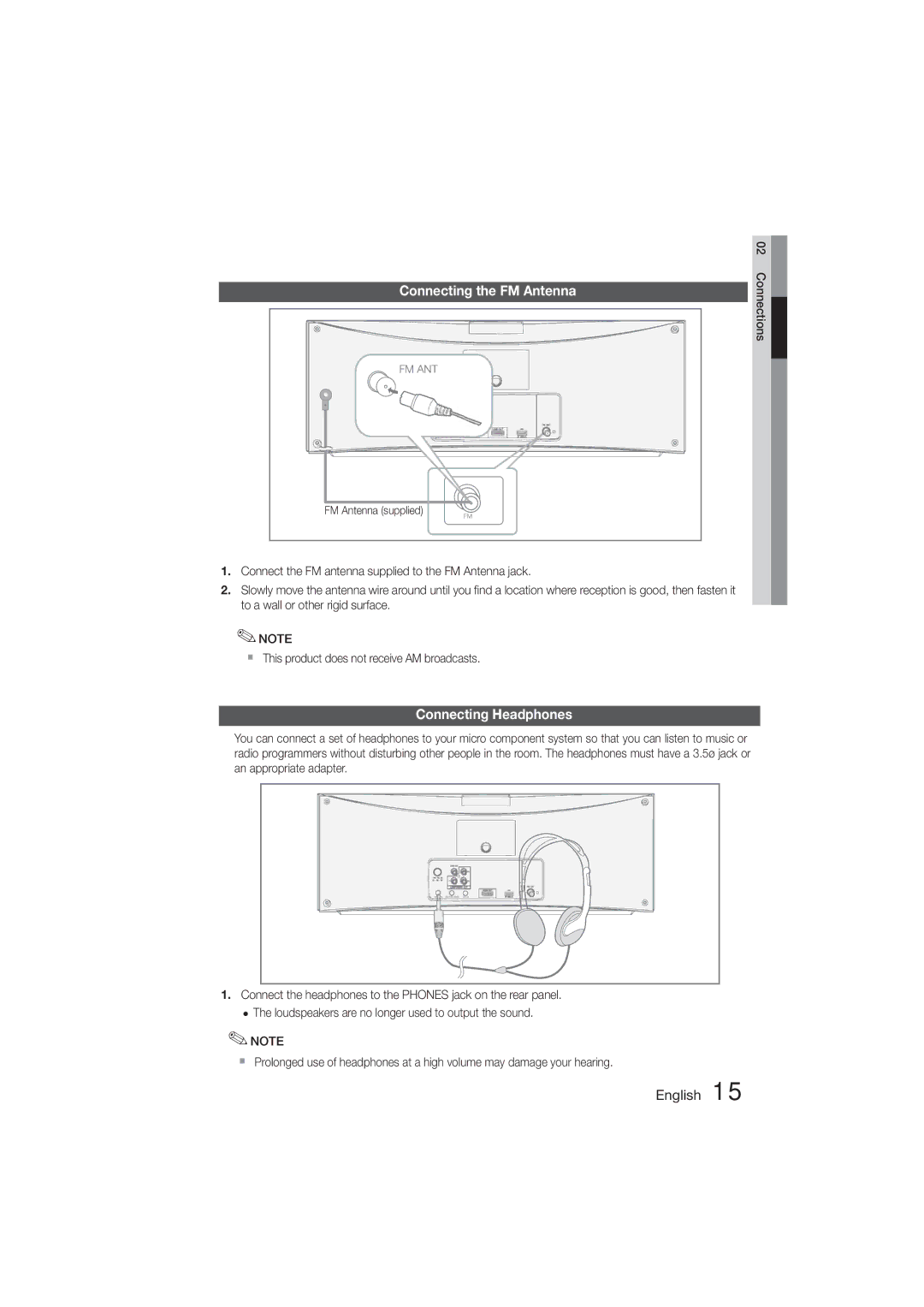 Samsung MM-D470D/XE, MM-D470D/XN, MM-D470D/EN, MM-D470D/ZF manual Connecting the FM Antenna, Connecting Headphones 