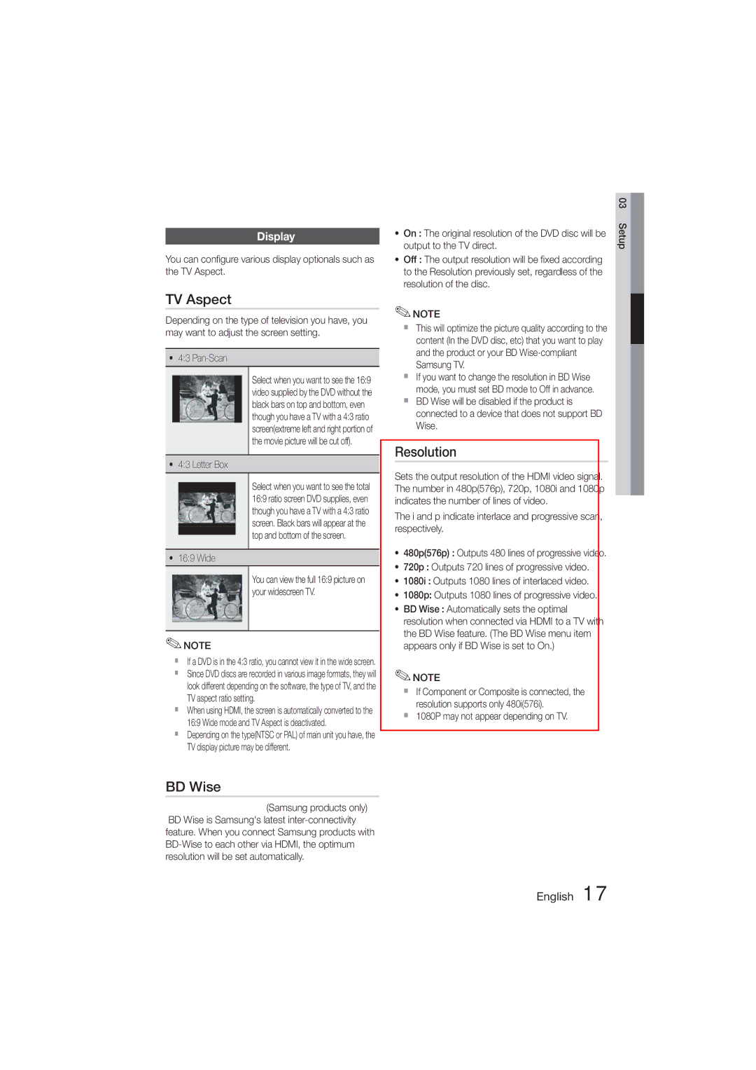 Samsung MM-D470D/EN, MM-D470D/XN, MM-D470D/ZF, MM-D470D/XE manual TV Aspect, BD Wise, Resolution, Display 