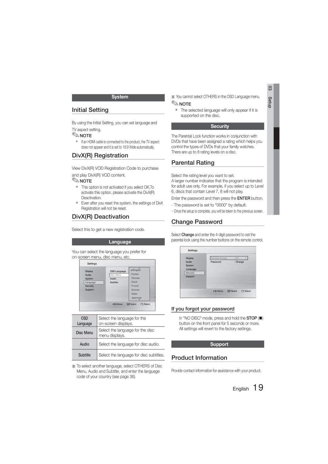 Samsung MM-D470D/XE, MM-D470D/XN Initial Setting, DivXR Registration, DivXR Deactivation, Parental Rating, Change Password 