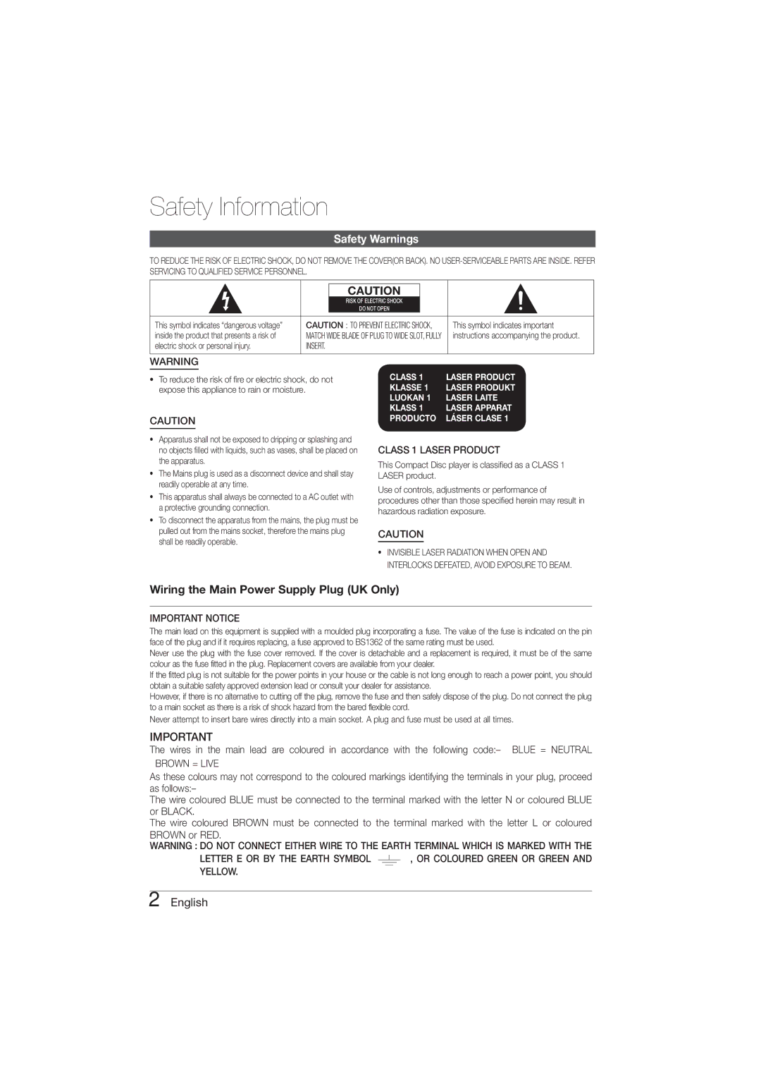 Samsung MM-D470D/ZF, MM-D470D/XN, MM-D470D/EN, MM-D470D/XE manual Safety Information, Safety Warnings, English 