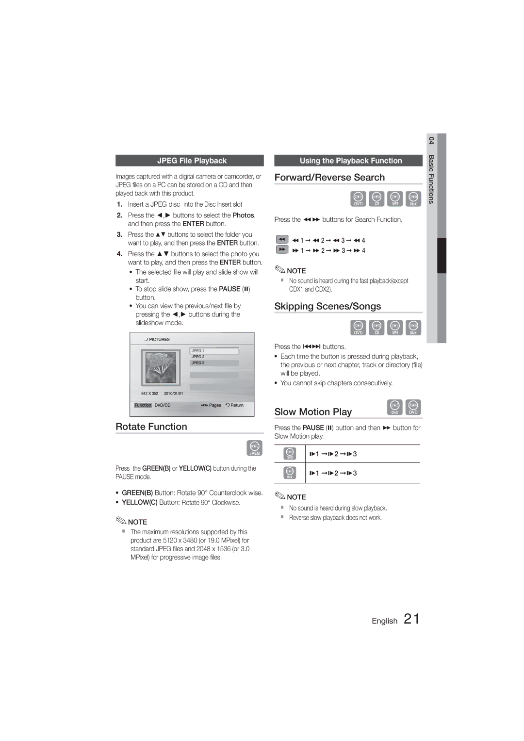 Samsung MM-D470D/EN, MM-D470D/XN manual Rotate Function, Forward/Reverse Search, Skipping Scenes/Songs, Slow Motion Play Dd 