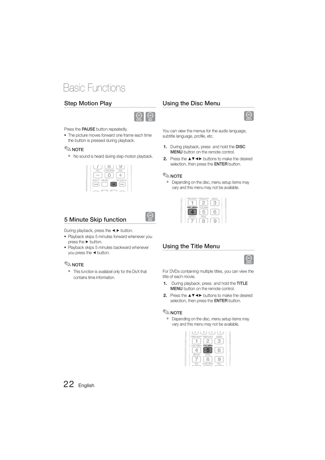 Samsung MM-D470D/ZF, MM-D470D/XN manual Step Motion Play, Using the Disc Menu, Minute Skip function, Using the Title Menu 