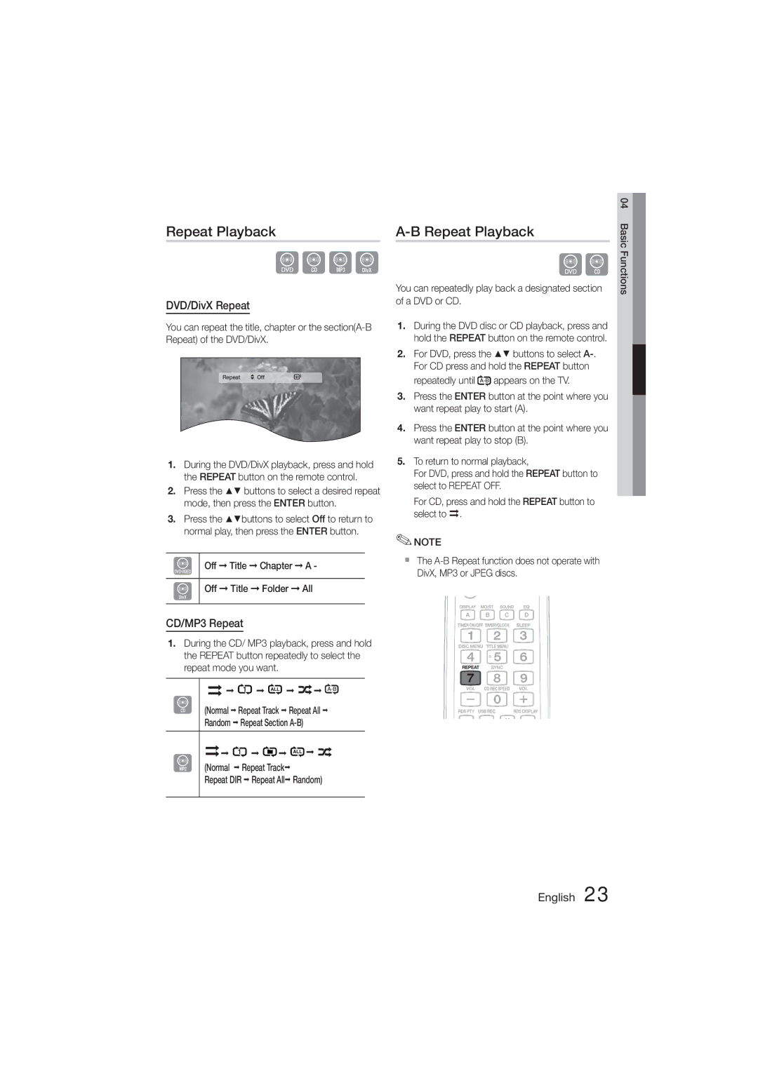 Samsung MM-D470D/XE, MM-D470D/XN Repeat Playback, DVD/DivX Repeat, CD/MP3 Repeat, Off Title Chapter a Off Title Folder All 