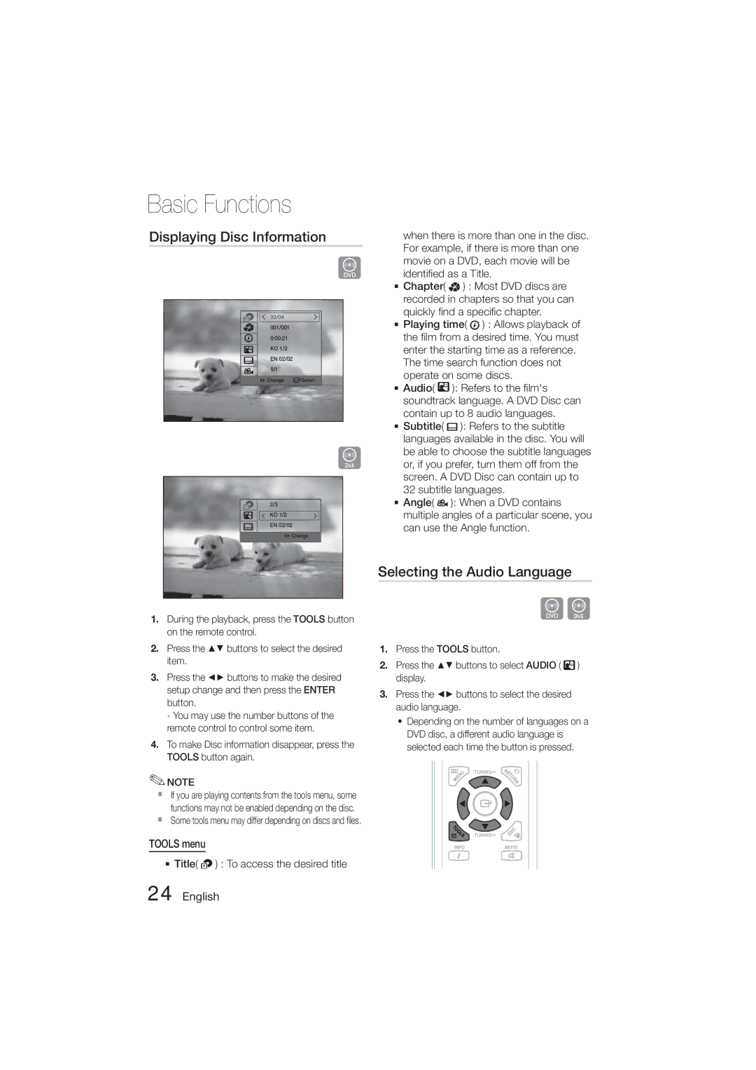 Samsung MM-D470D/XN, MM-D470D/EN, MM-D470D/ZF manual Displaying Disc Information, Selecting the Audio Language, Tools menu 