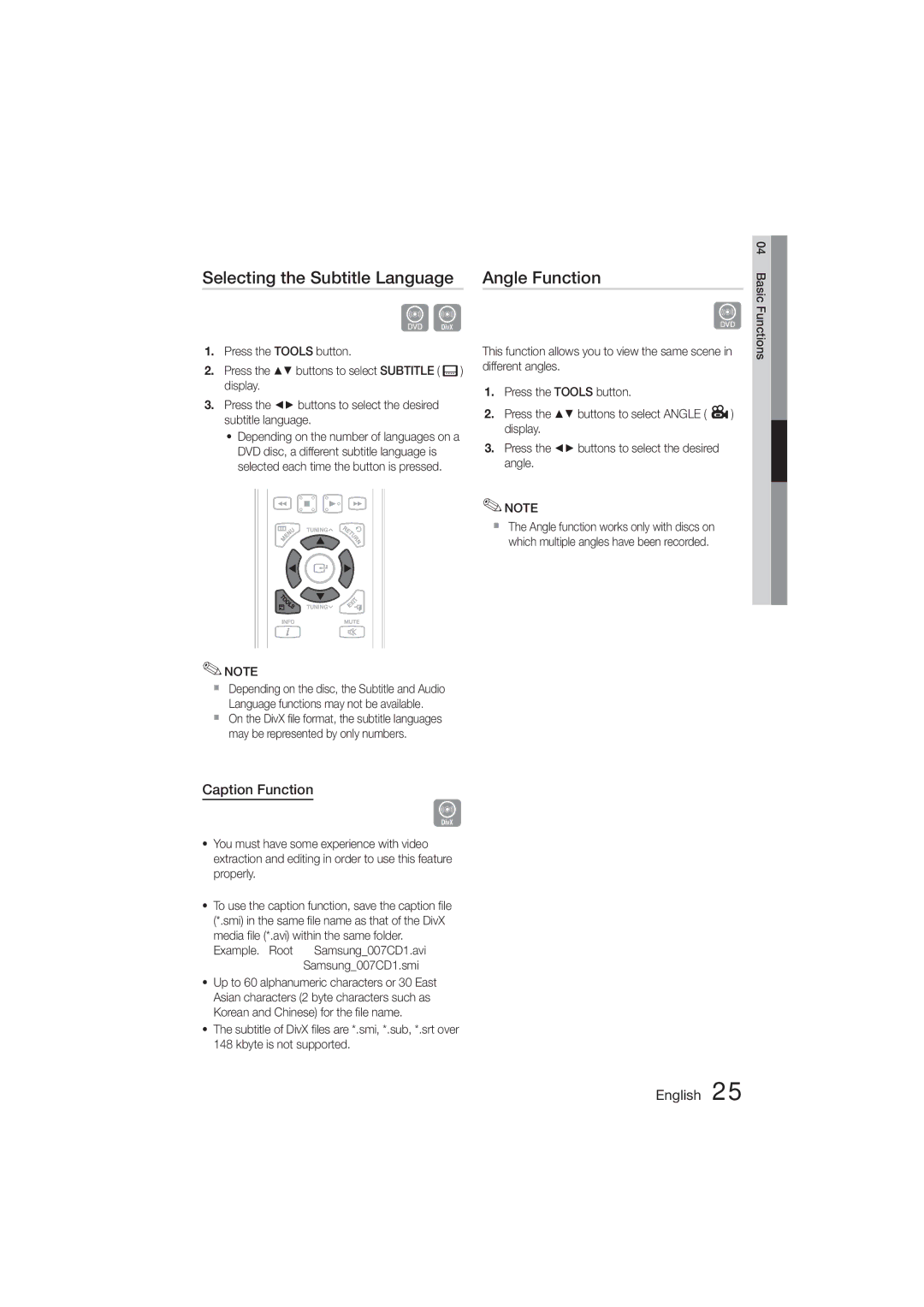 Samsung MM-D470D/EN, MM-D470D/XN, MM-D470D/ZF, MM-D470D/XE Selecting the Subtitle Language, Angle Function, Caption Function 