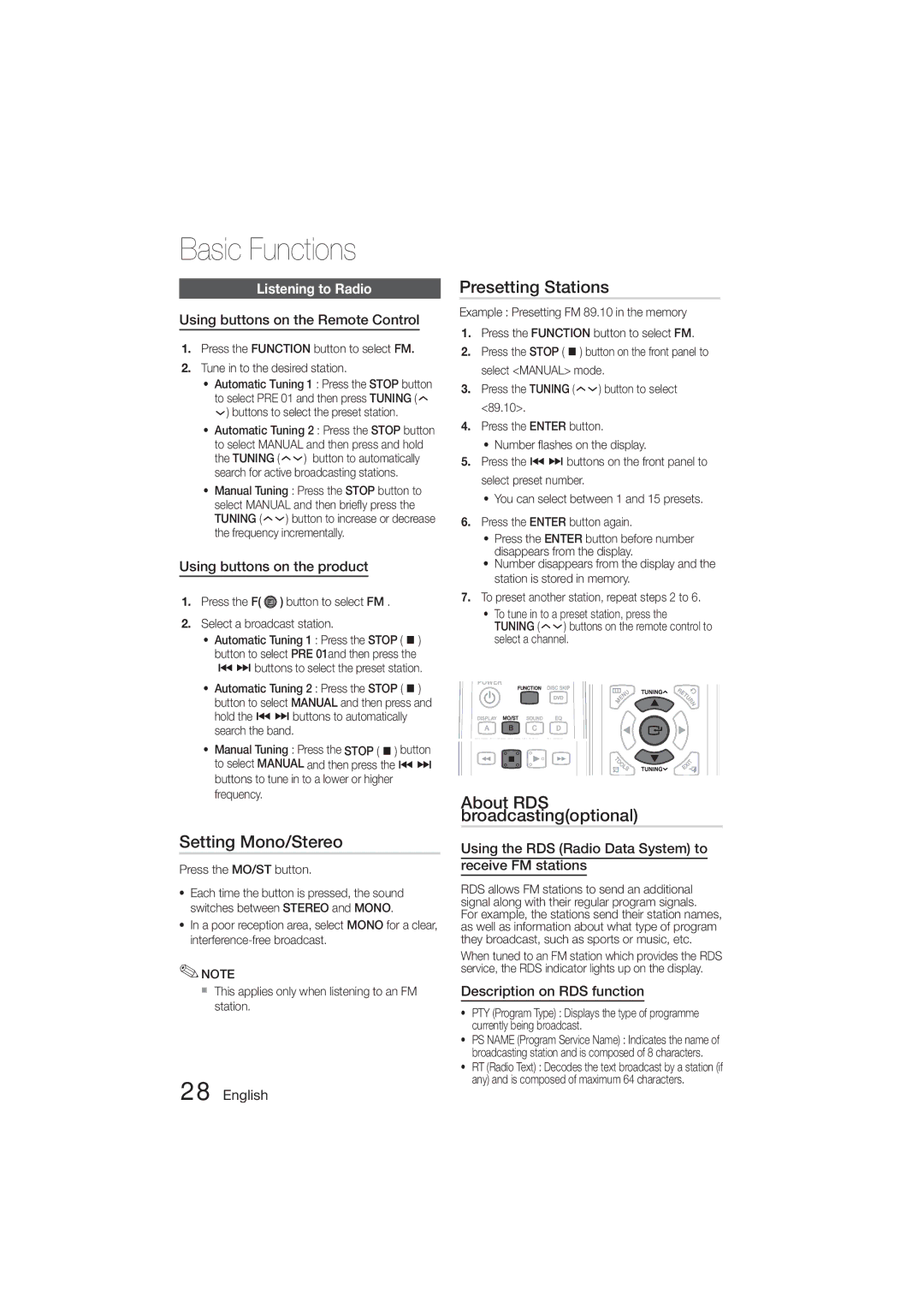 Samsung MM-D470D/XN manual Setting Mono/Stereo, Presetting Stations, About RDS broadcastingoptional, Listening to Radio 